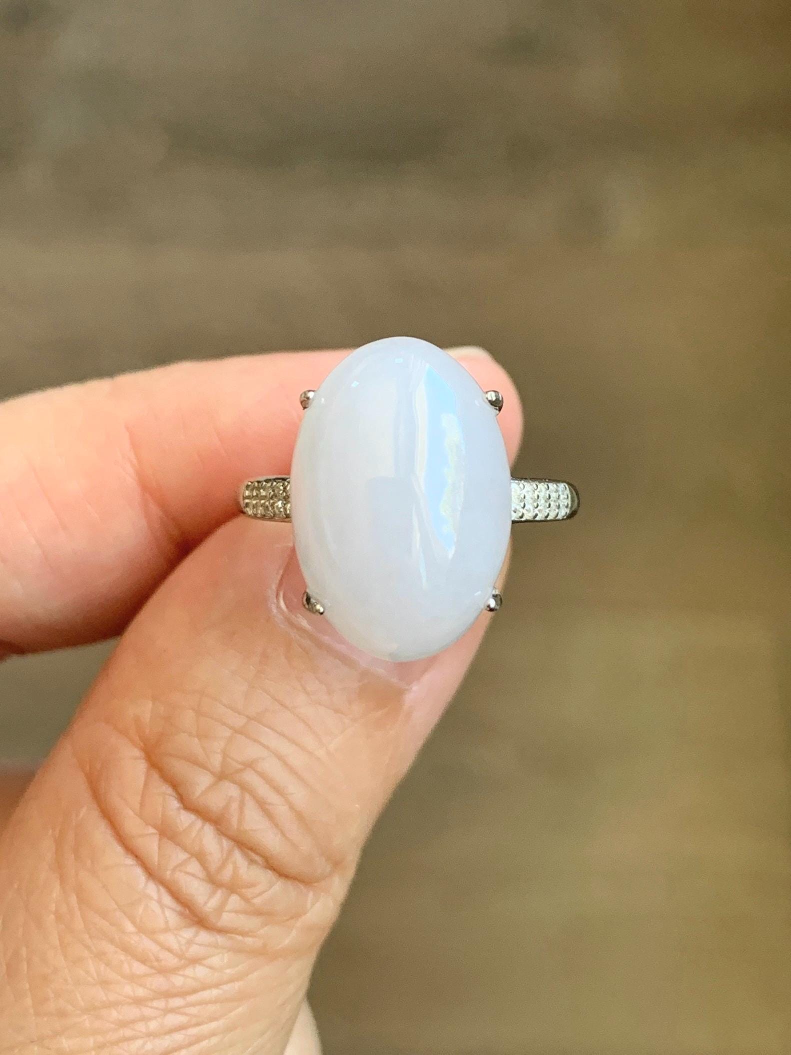 Natural Grade A Icy Translucent Pastel Purple Undertone Jadeite Oval Cabochon Ring Sterling Silver Size Adjustable 天然冰淡紫底翡翠大蛋面银镶戒指 DDZ-C