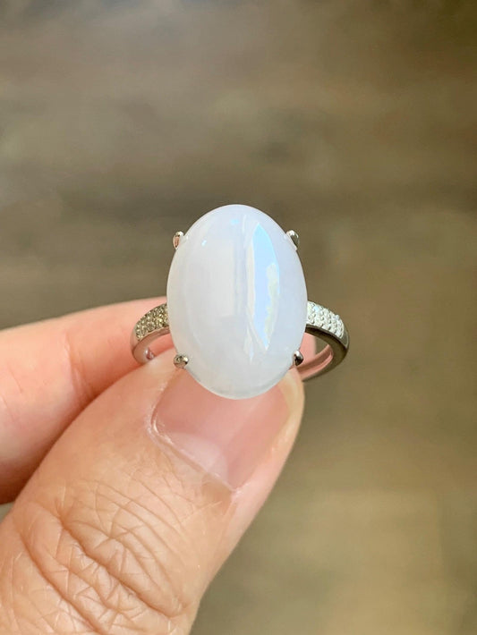 Natural Grade A Icy Translucent Pastel Purple Undertone Jadeite Oval Cabochon Ring Sterling Silver Size Adjustable 天然冰淡紫底翡翠大蛋面银镶戒指 DDZ-C