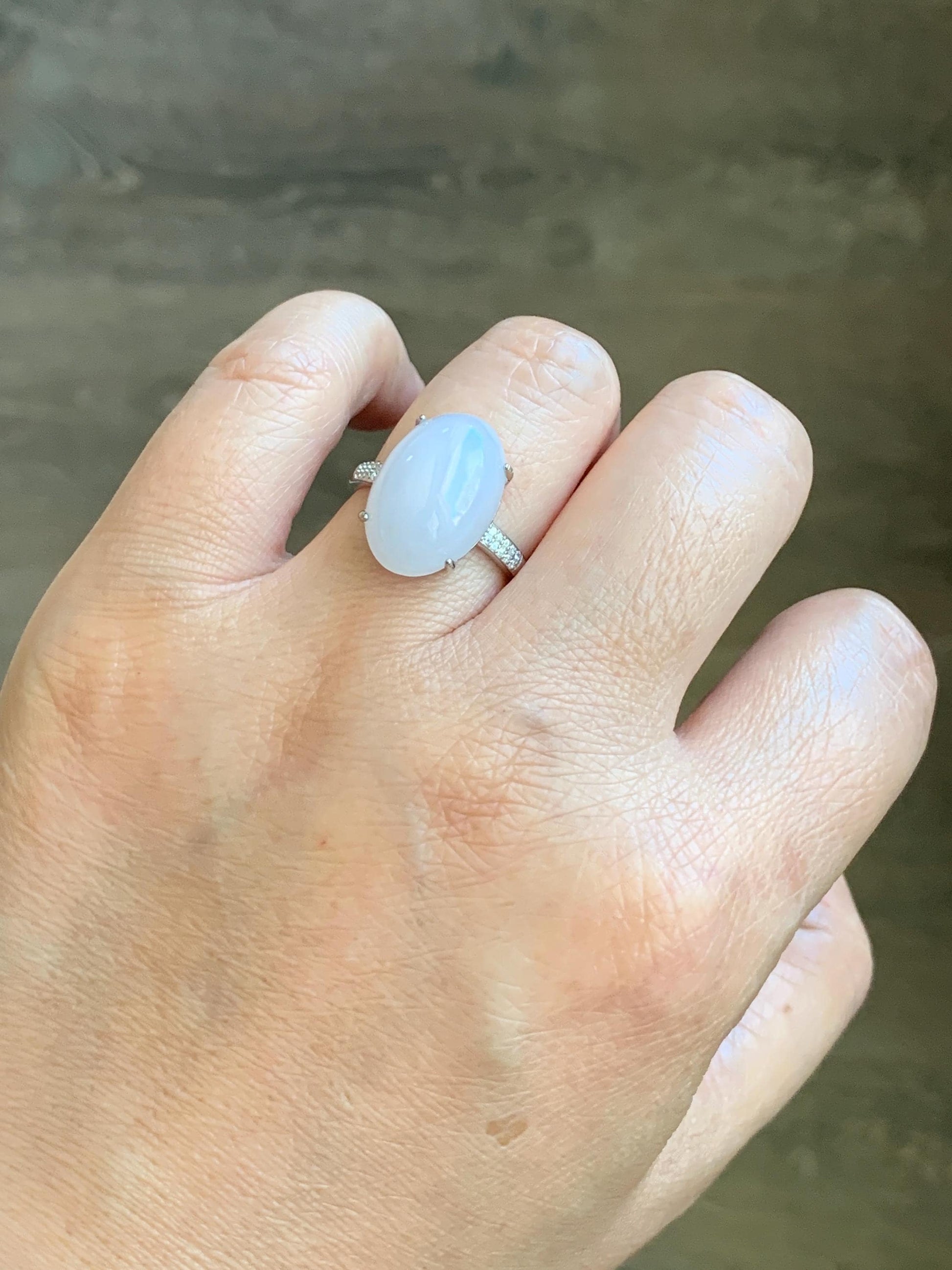 Natural Grade A Icy Translucent Pastel Purple Undertone Jadeite Oval Cabochon Ring Sterling Silver Size Adjustable 天然冰淡紫底翡翠大蛋面银镶戒指 DDZ-C