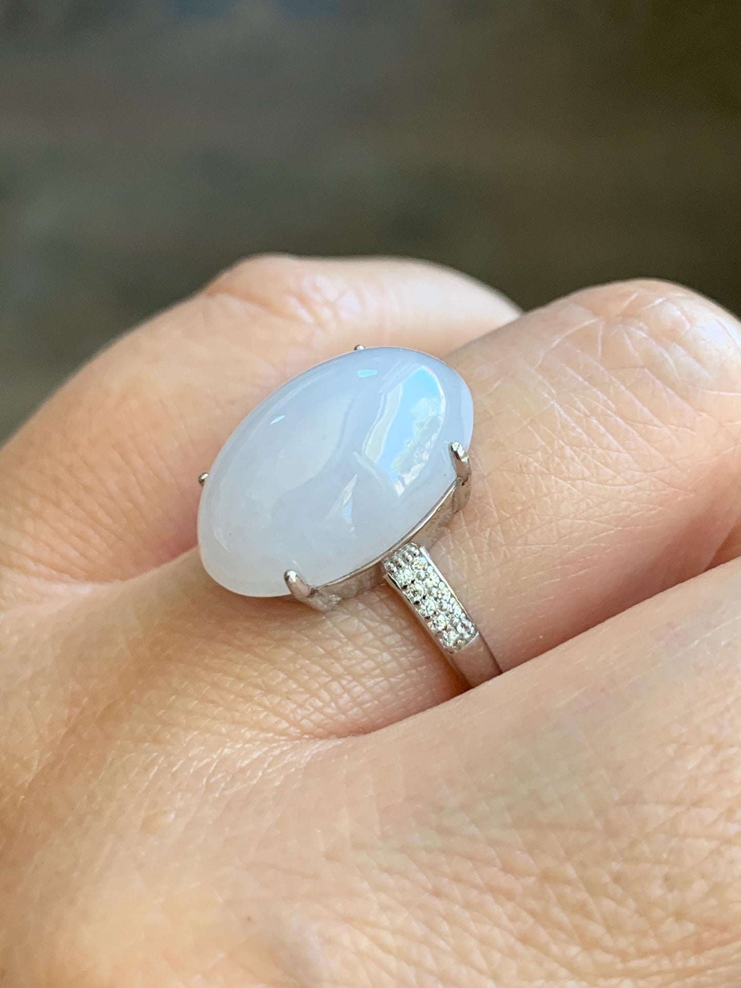 Natural Grade A Icy Translucent Pastel Purple Undertone Jadeite Oval Cabochon Ring Sterling Silver Size Adjustable 天然冰淡紫底翡翠大蛋面银镶戒指 DDZ-C