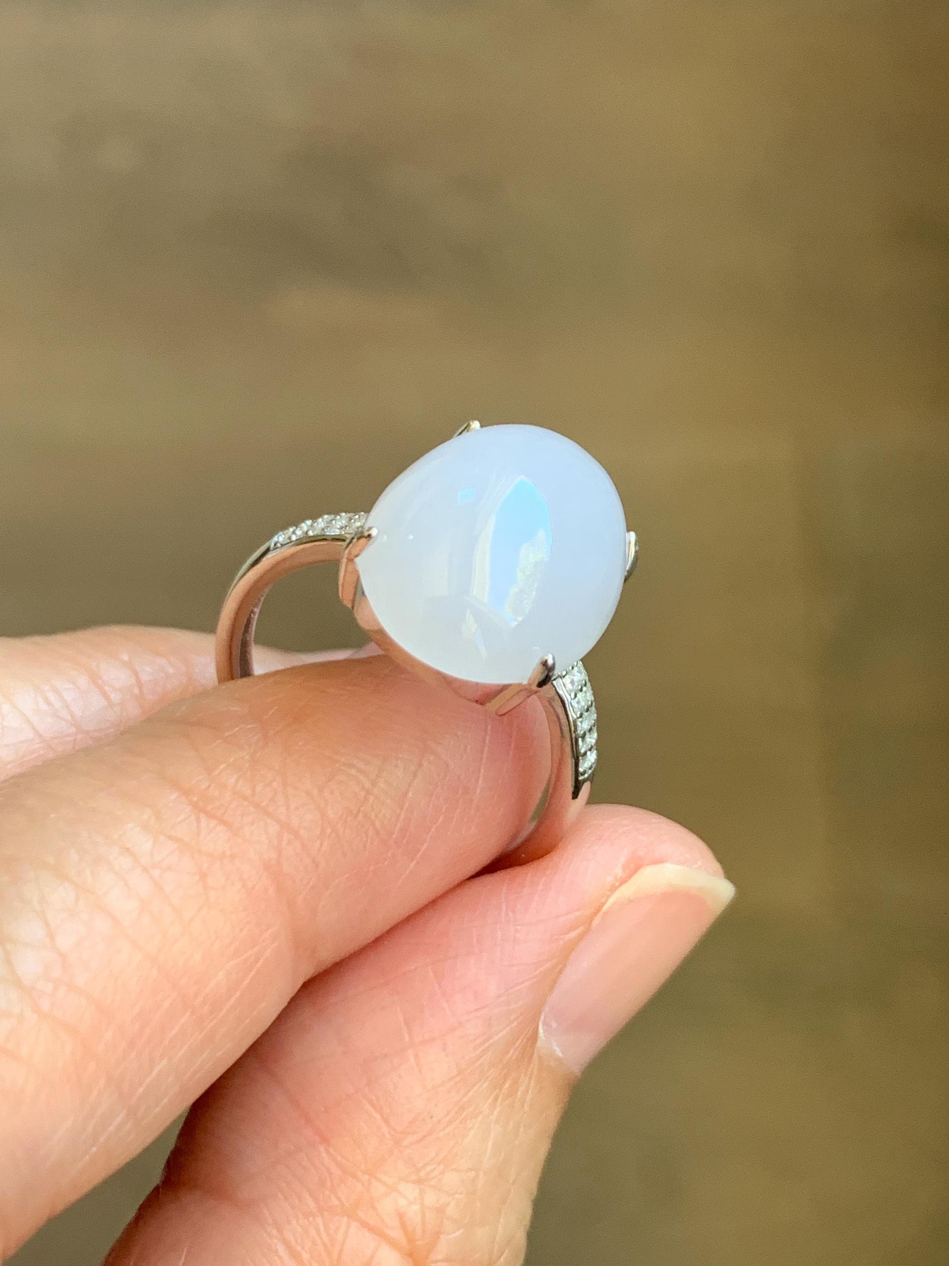 Natural Grade A Icy Translucent Pastel Purple Undertone Jadeite Oval Cabochon Ring Sterling Silver Size Adjustable 天然冰淡紫底翡翠大蛋面银镶戒指 DDZ-C
