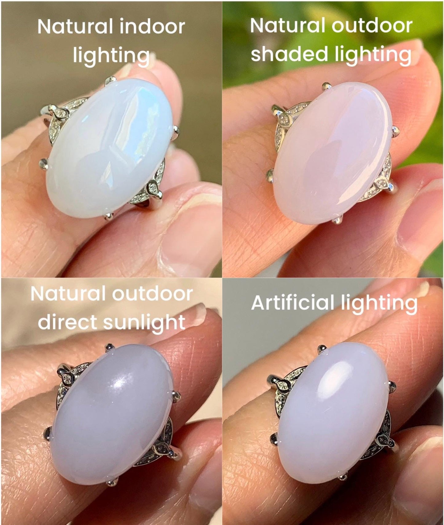Natural Grade A Icy Translucent Pastel Purple Undertone Jadeite Oval Cabochon Ring Sterling Silver Size Adjustable 天然冰淡紫底翡翠大蛋面银镶戒指 DDZ-D