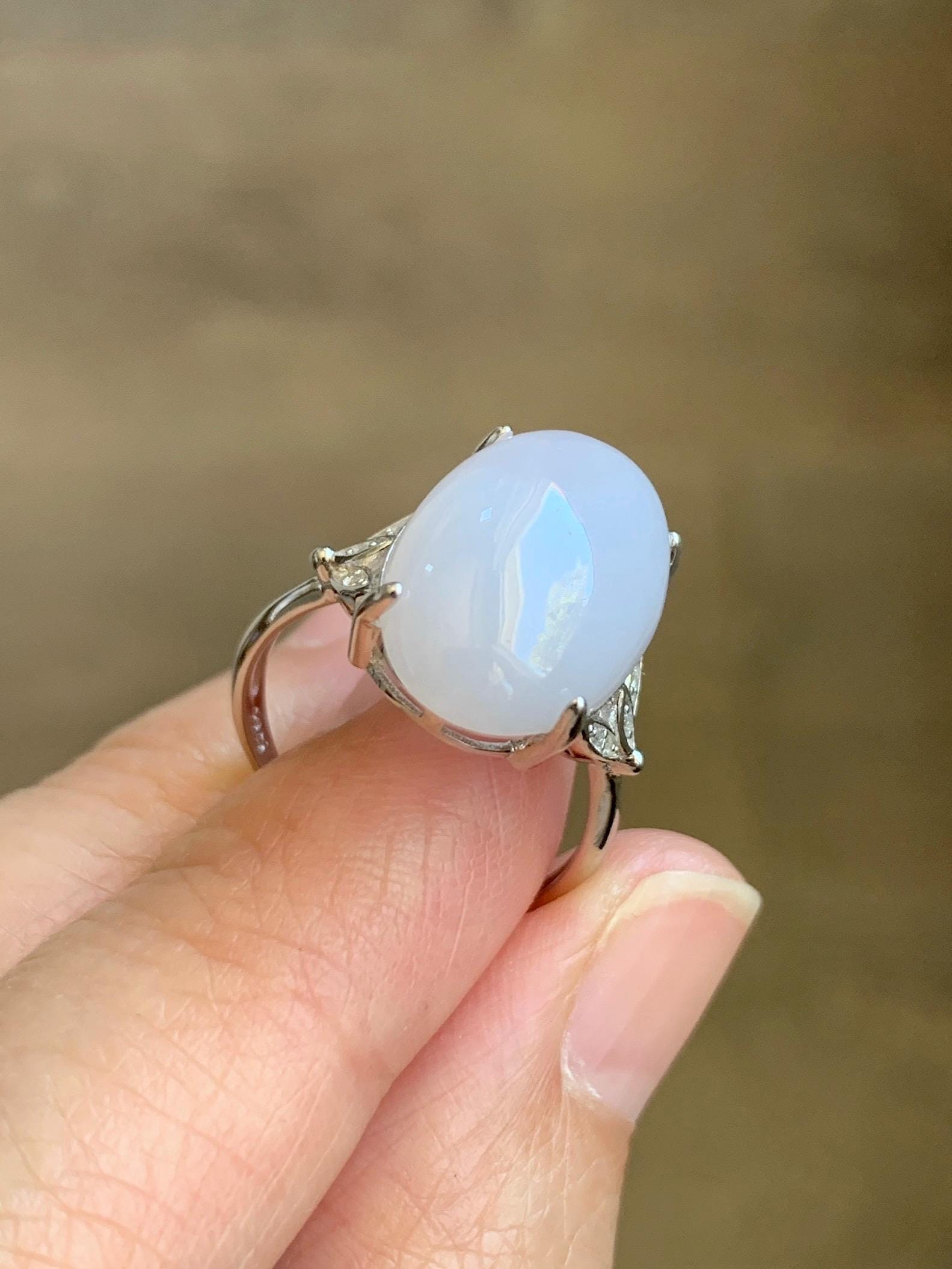 Natural Grade A Icy Translucent Pastel Purple Undertone Jadeite Oval Cabochon Ring Sterling Silver Size Adjustable 天然冰淡紫底翡翠大蛋面银镶戒指 DDZ-D