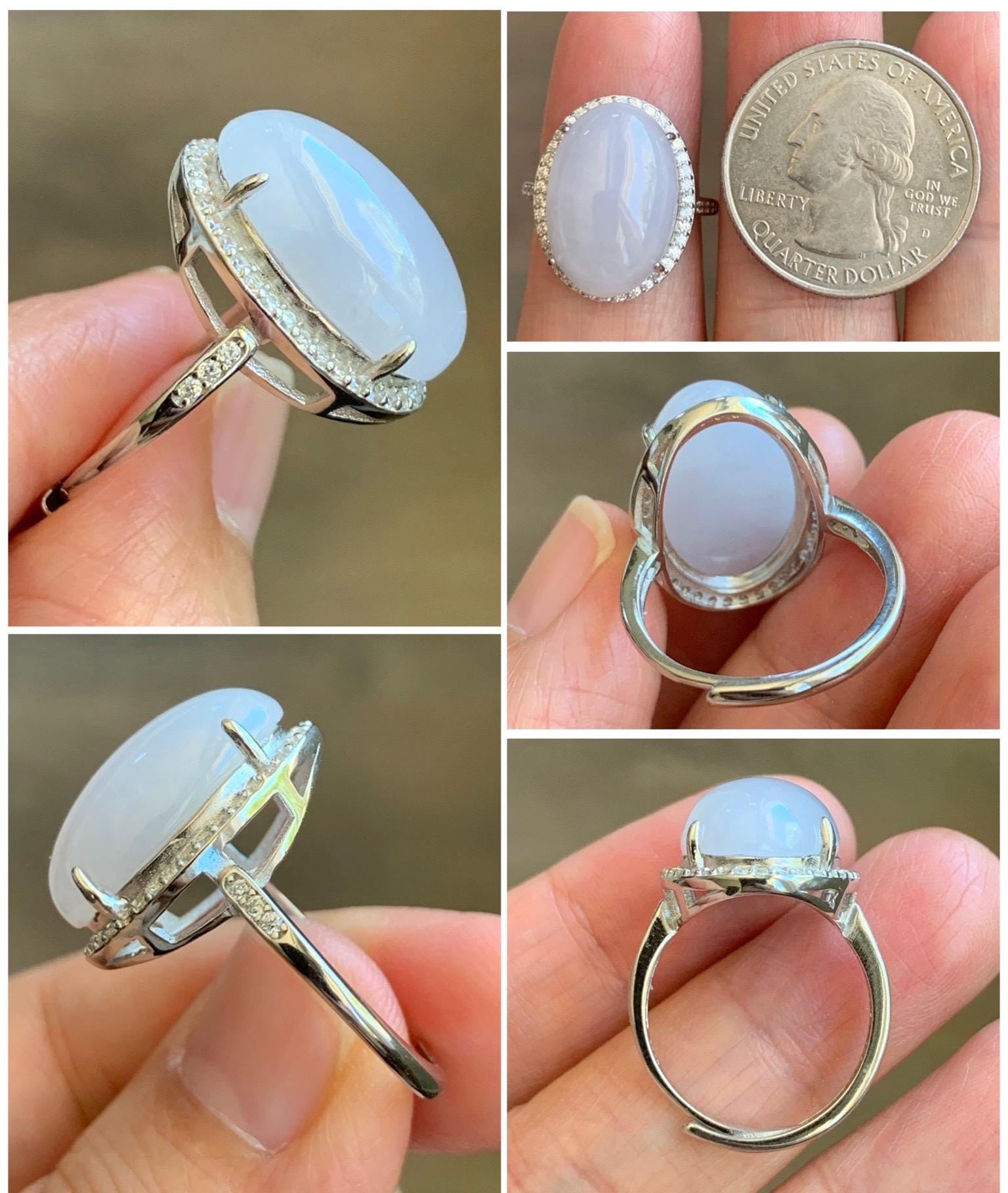 Natural Grade A Icy Translucent Pastel Purple Undertone Jadeite Oval Cabochon Ring Sterling Silver Size Adjustable 天然冰淡紫底翡翠大蛋面银镶戒指 DDZ-E