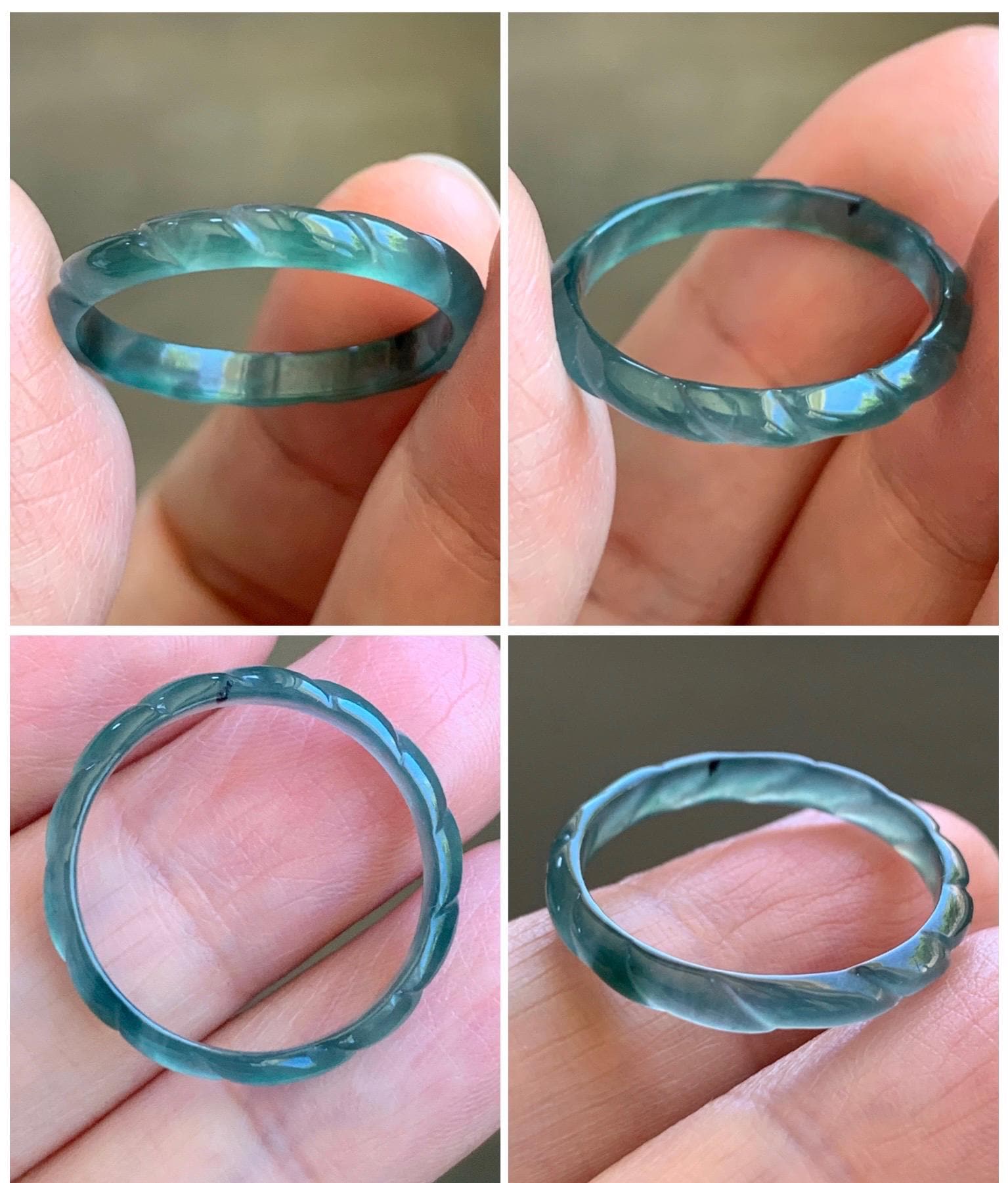 Natural Grade A Guatemalan Icy Highly Translucent Dark Teal Green Jade Jadeite Carved Braid Band Ring Size 9 US 天然冰危深蓝绿翡翠麻花戒圈 MHJ55C