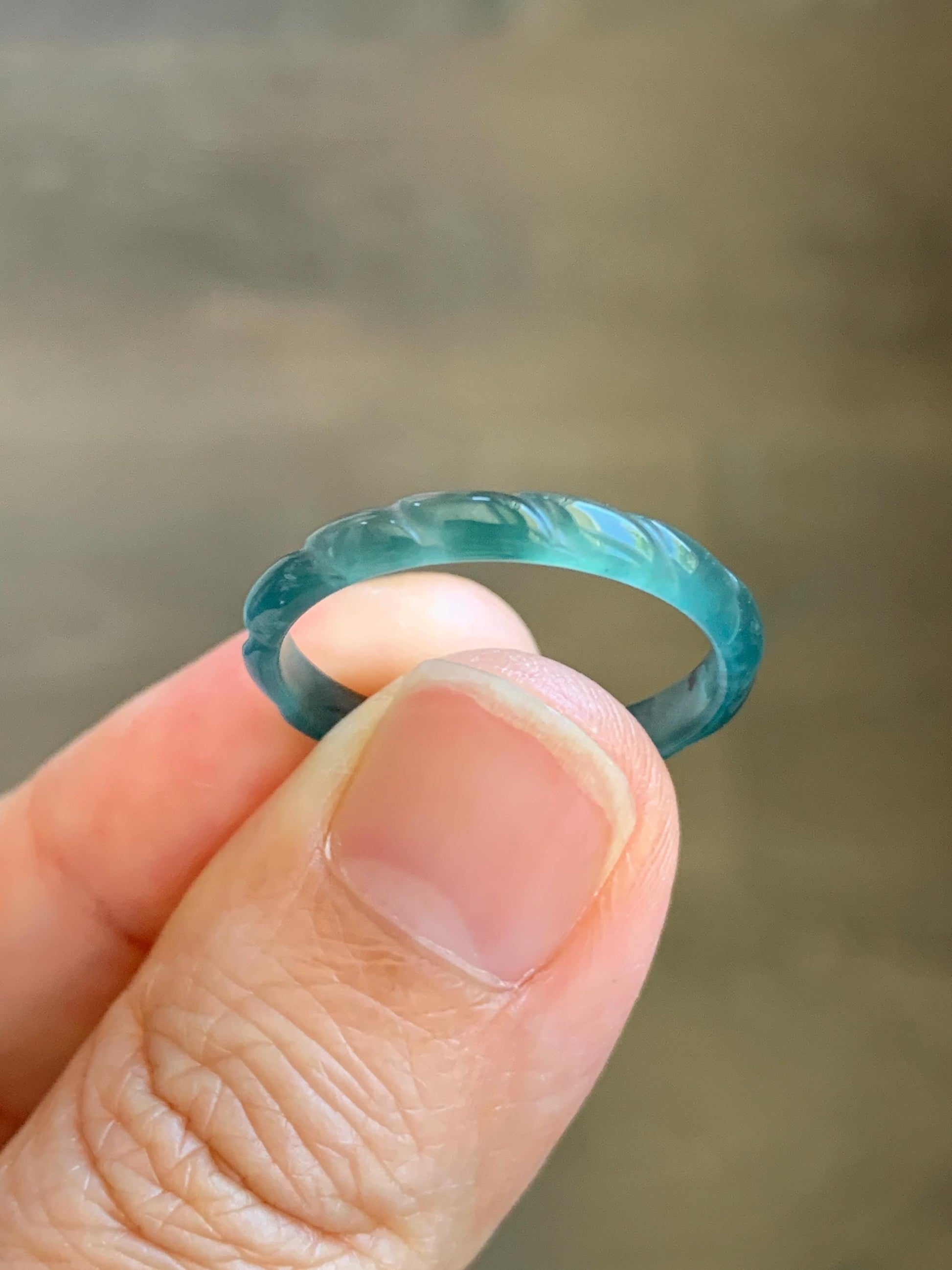 Natural Grade A Guatemalan Icy Highly Translucent Dark Teal Green Jade Jadeite Carved Braid Band Ring Size 9 US 天然冰危深蓝绿翡翠麻花戒圈 MHJ55C