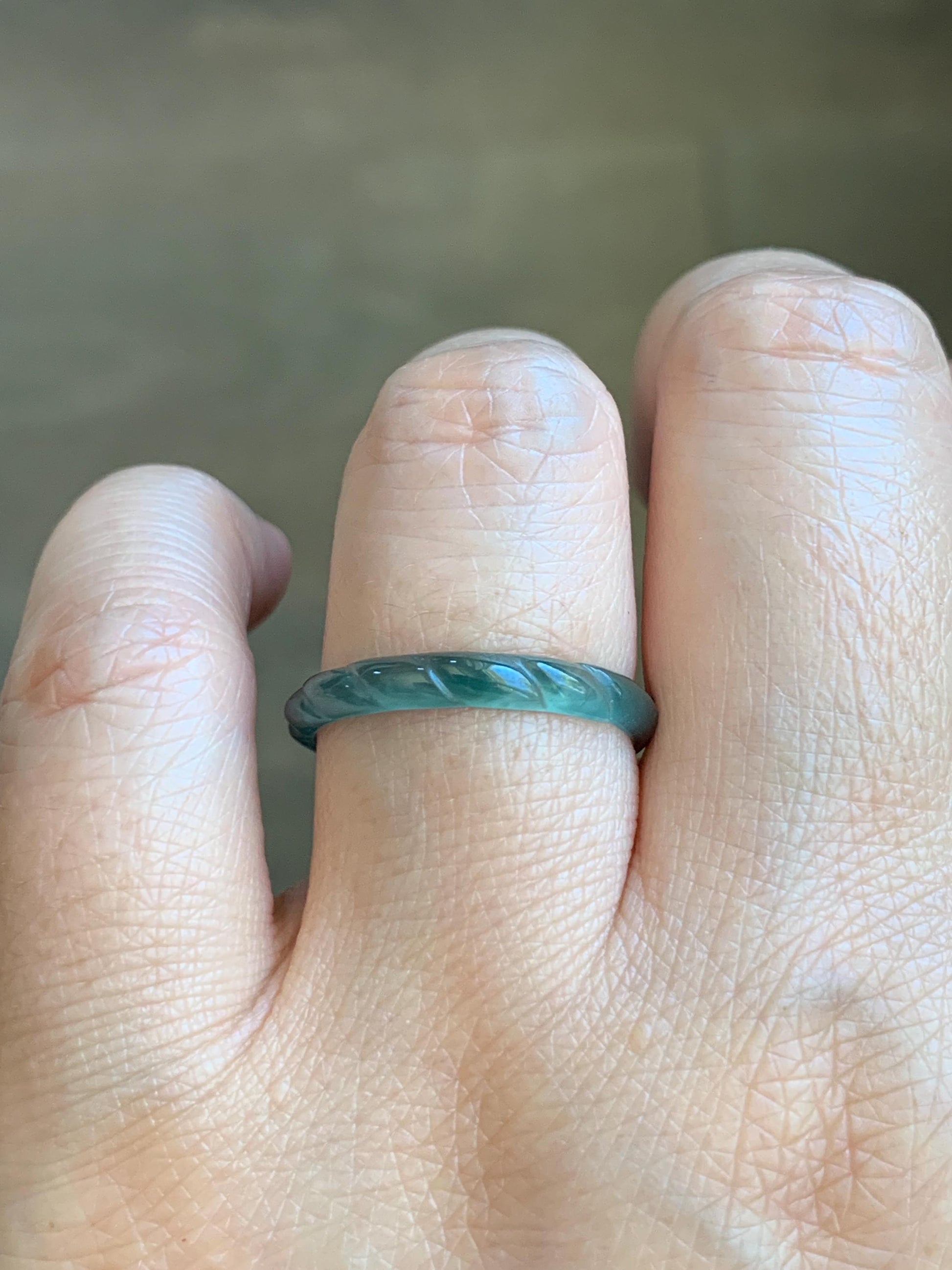 Natural Grade A Guatemalan Icy Highly Translucent Dark Teal Green Jade Jadeite Carved Braid Band Ring Size 9 US 天然冰危深蓝绿翡翠麻花戒圈 MHJ55C