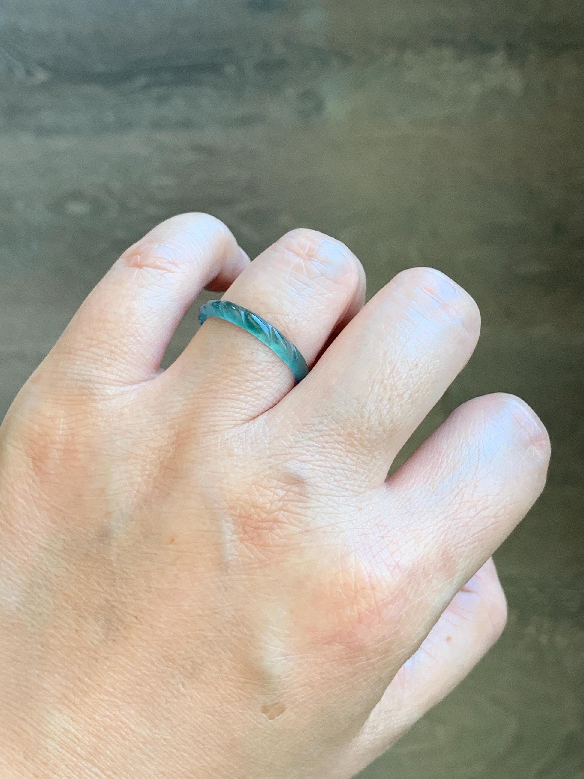 Natural Grade A Guatemalan Icy Highly Translucent Dark Teal Green Jade Jadeite Carved Braid Band Ring Size 9 US 天然冰危深蓝绿翡翠麻花戒圈 MHJ55C
