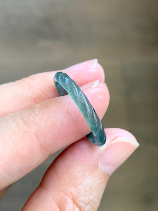 Natural Grade A Guatemalan Icy Highly Translucent Dark Teal Green Jade Jadeite Carved Braid Band Ring Size 9 US 天然冰危深蓝绿翡翠麻花戒圈 MHJ55C