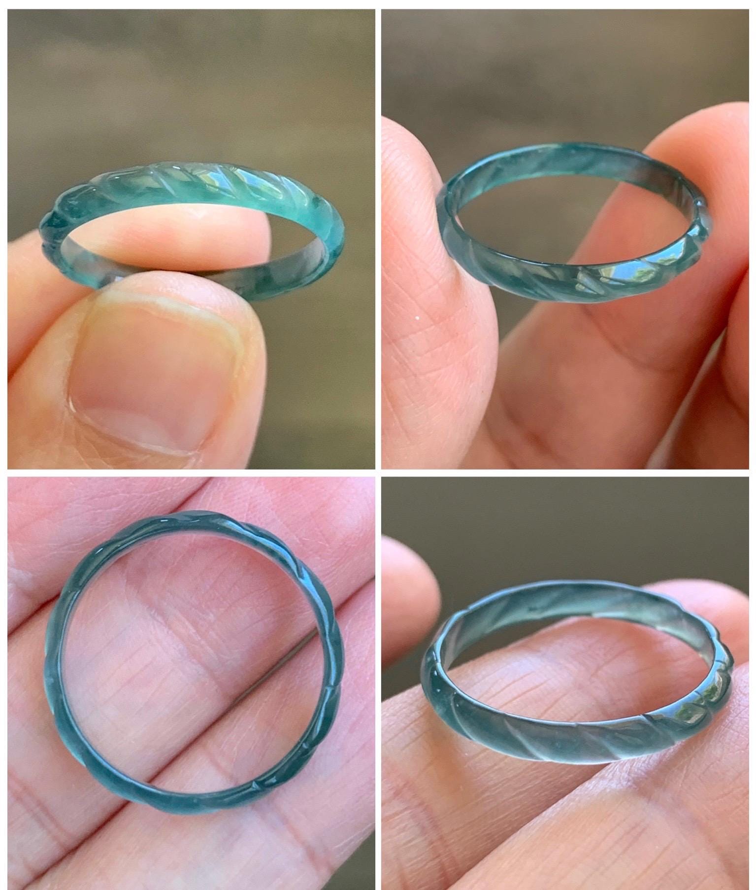 Natural Grade A Guatemalan Icy Highly Translucent Dark Teal Green Jade Jadeite Carved Braid Band Ring Size 9 US 天然冰危深蓝绿翡翠麻花戒圈 MHJ55B