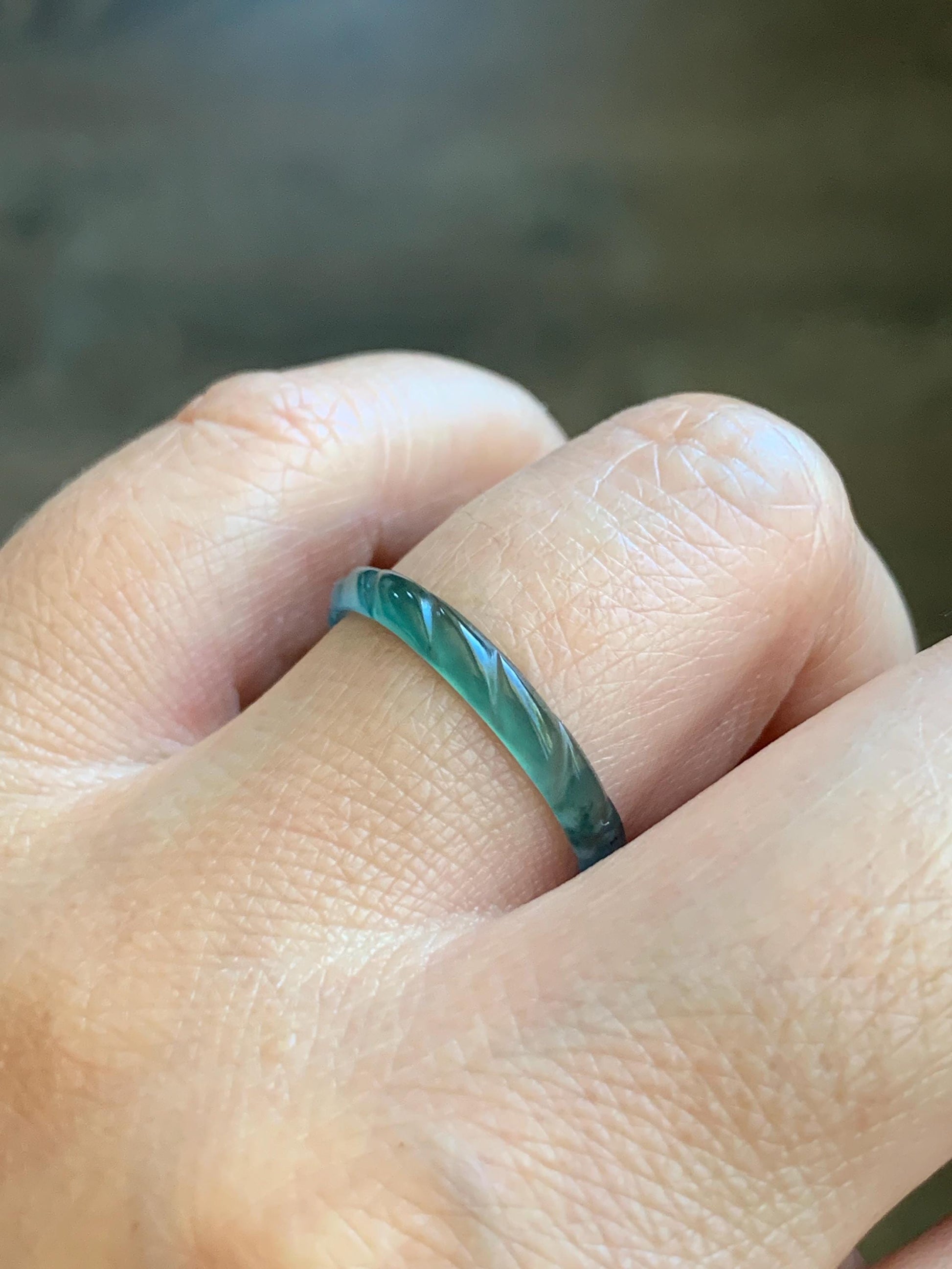 Natural Grade A Guatemalan Icy Highly Translucent Dark Teal Green Jade Jadeite Carved Braid Band Ring Size 9 US 天然冰危深蓝绿翡翠麻花戒圈 MHJ55B