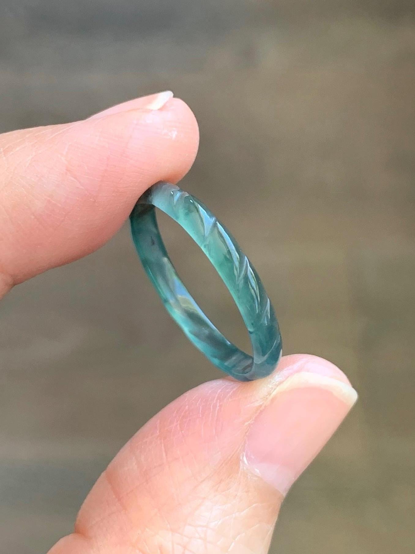 Natural Grade A Guatemalan Icy Highly Translucent Dark Teal Green Jade Jadeite Carved Braid Band Ring Size 9 US 天然冰危深蓝绿翡翠麻花戒圈 MHJ55B