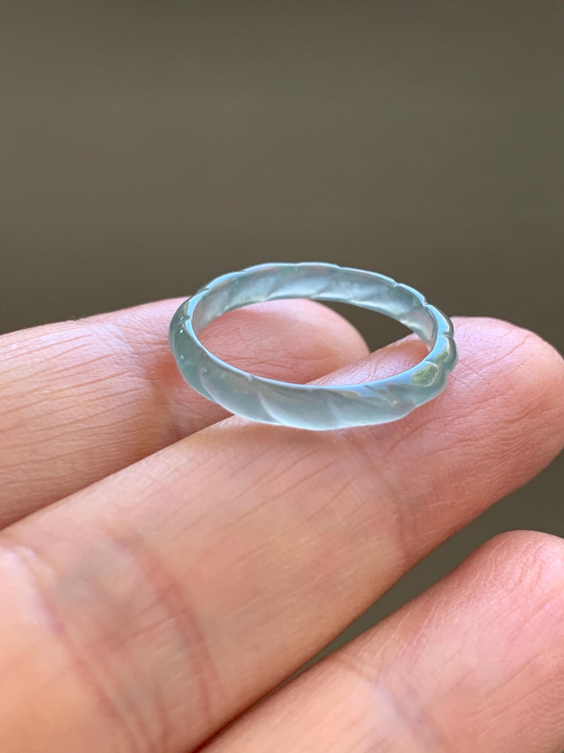 Natural Grade A Guatemalan Icy Highly Translucent Light Teal Green Jade Jadeite Carved Braid Band Ring Size 6.5 US 天然冰危浅蓝绿翡翠麻花戒圈 MHJ55A