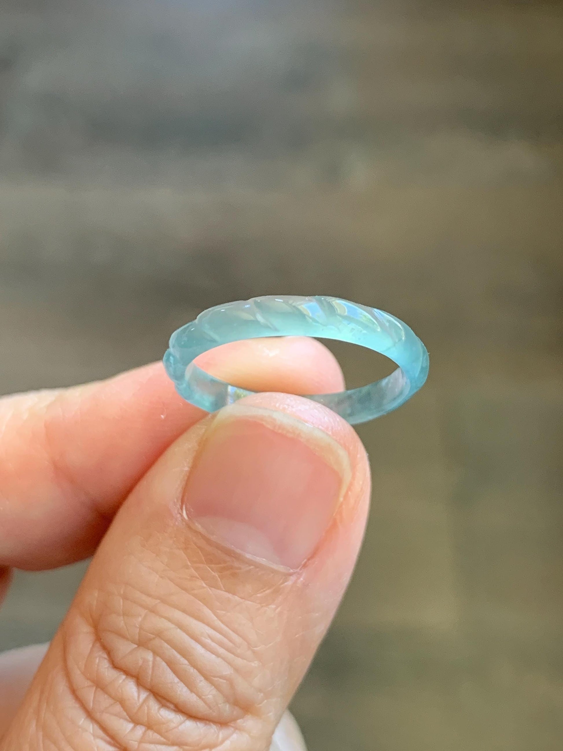 Natural Grade A Guatemalan Icy Highly Translucent Light Teal Green Jade Jadeite Carved Braid Band Ring Size 6.5 US 天然冰危浅蓝绿翡翠麻花戒圈 MHJ55A