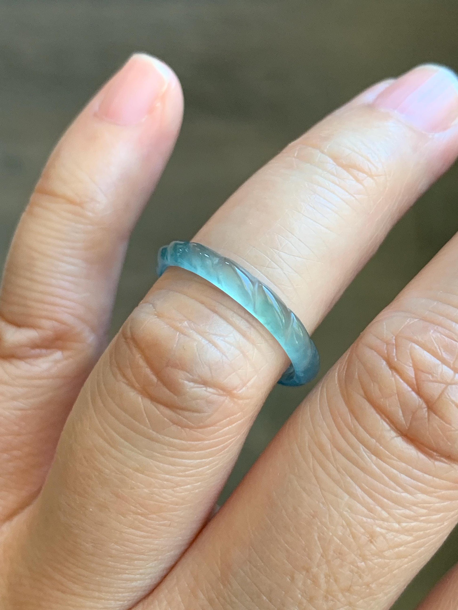 Natural Grade A Guatemalan Icy Highly Translucent Light Teal Green Jade Jadeite Carved Braid Band Ring Size 6.5 US 天然冰危浅蓝绿翡翠麻花戒圈 MHJ55A