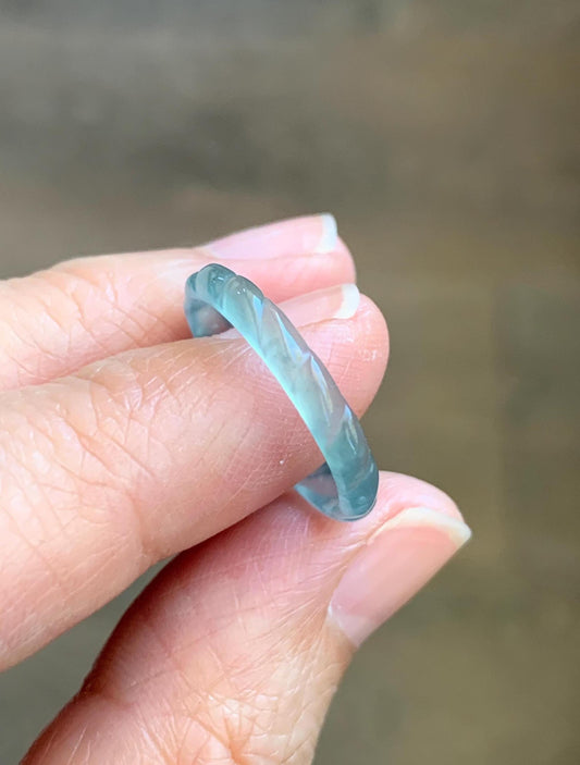 Natural Grade A Guatemalan Icy Highly Translucent Light Teal Green Jade Jadeite Carved Braid Band Ring Size 6.5 US 天然冰危浅蓝绿翡翠麻花戒圈 MHJ55A