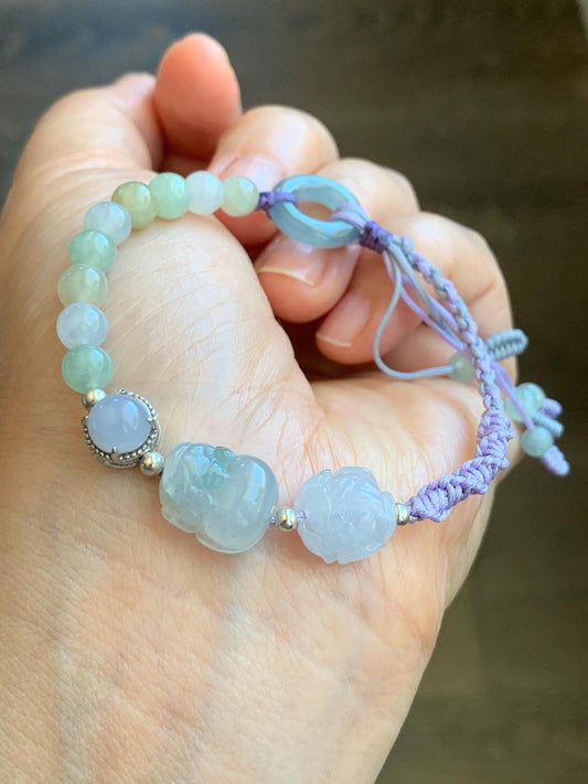 Natural Grade A Icy Translucent Pastel Macaroons Multicolored Jadeite Pixiu & Charms Beaded Bracelet 6.75" 10g 天然冰马卡龙色翡翠貔貅珠手串 BZM259