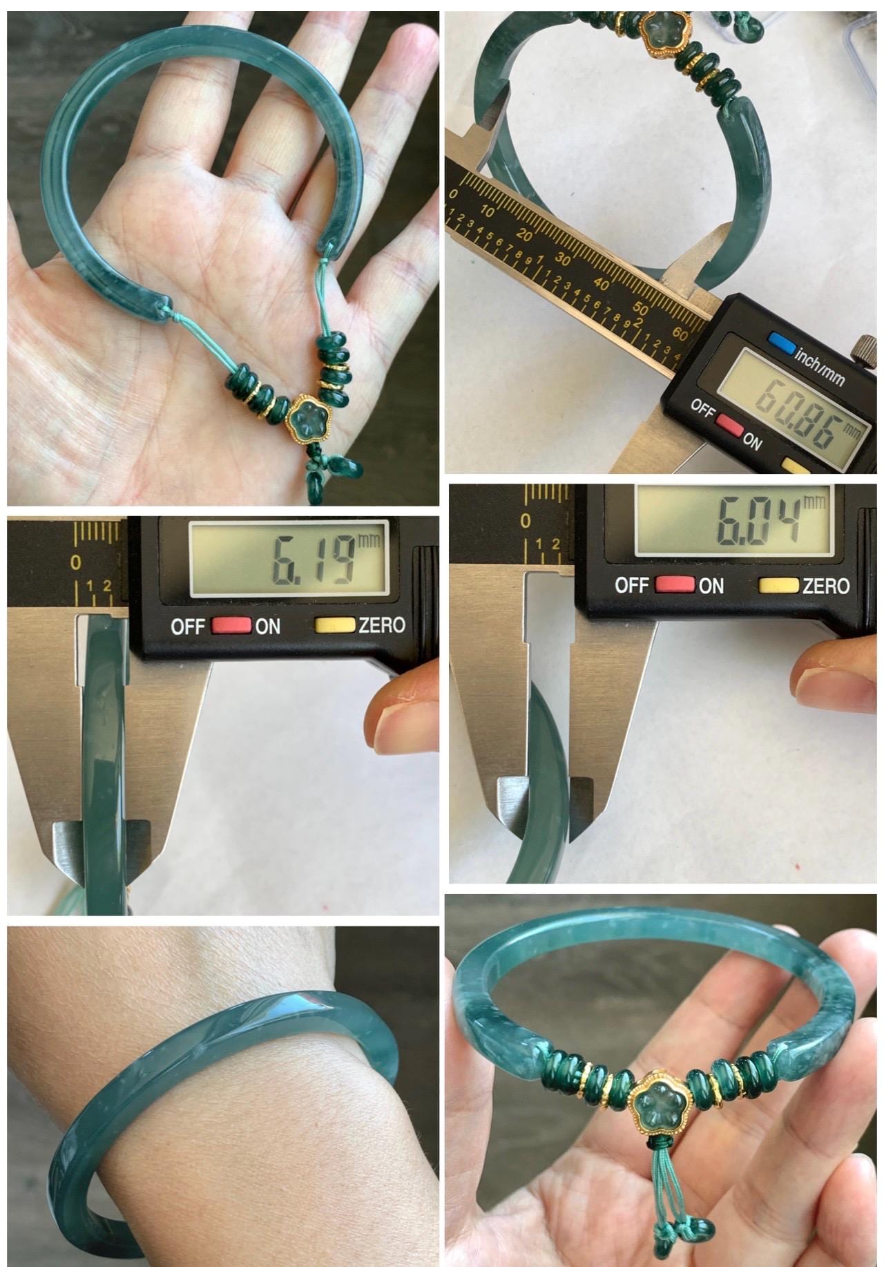 Natural Grade A Guatemalan Icy Translucent Teal Blue Jade Jadeite Open Bangle Bracelet Sterling Silver Charms 60.8mm 24g 天然冰胶危深蓝绿翡翠半镯 WSL249
