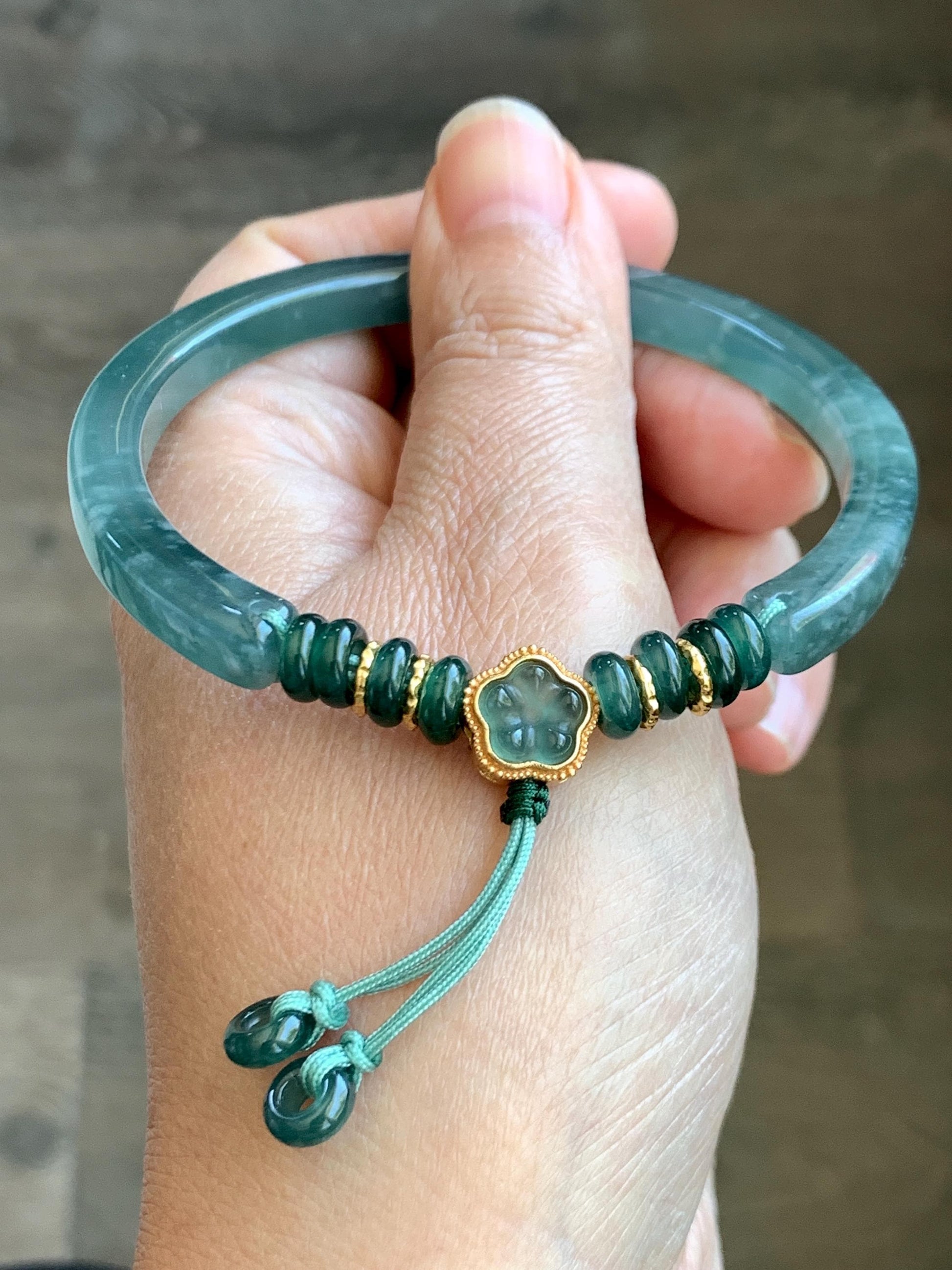 Natural Grade A Guatemalan Icy Translucent Teal Blue Jade Jadeite Open Bangle Bracelet Sterling Silver Charms 60.8mm 24g 天然冰胶危深蓝绿翡翠半镯 WSL249