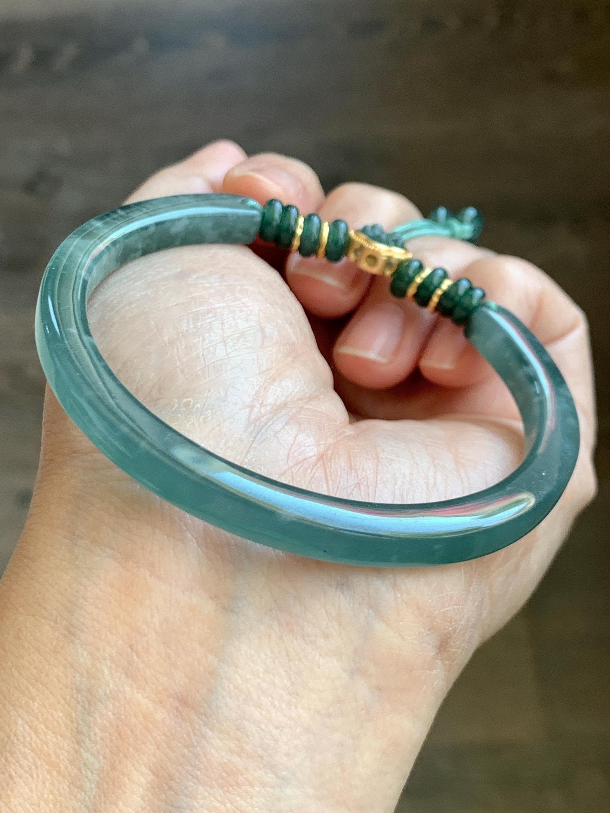 Natural Grade A Guatemalan Icy Translucent Teal Blue Jade Jadeite Open Bangle Bracelet Sterling Silver Charms 60.8mm 24g 天然冰胶危深蓝绿翡翠半镯 WSL249