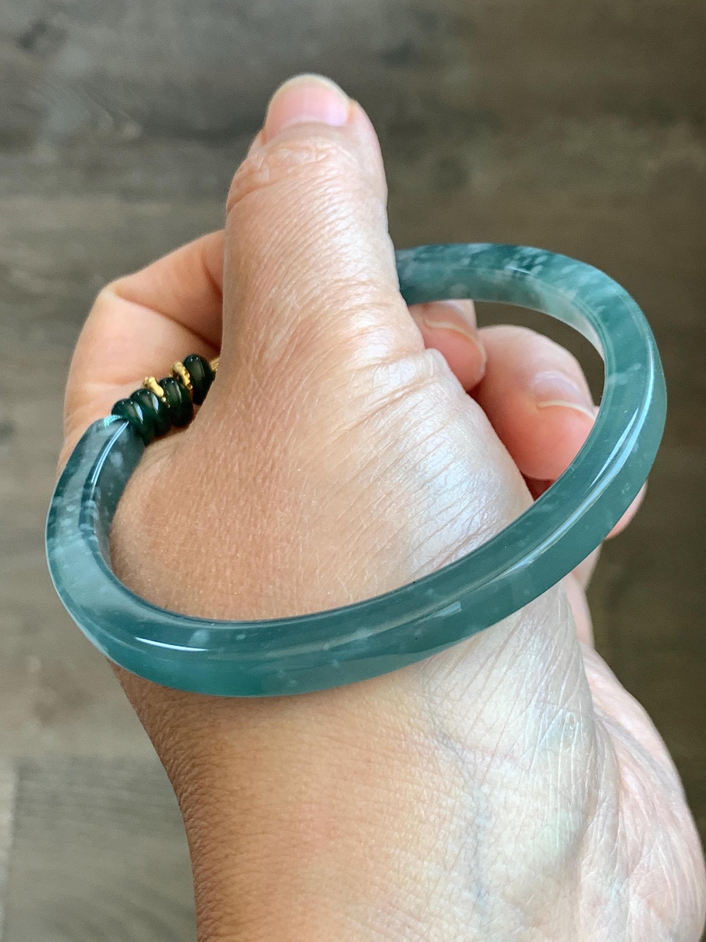 Natural Grade A Guatemalan Icy Translucent Teal Blue Jade Jadeite Open Bangle Bracelet Sterling Silver Charms 60.8mm 24g 天然冰胶危深蓝绿翡翠半镯 WSL249
