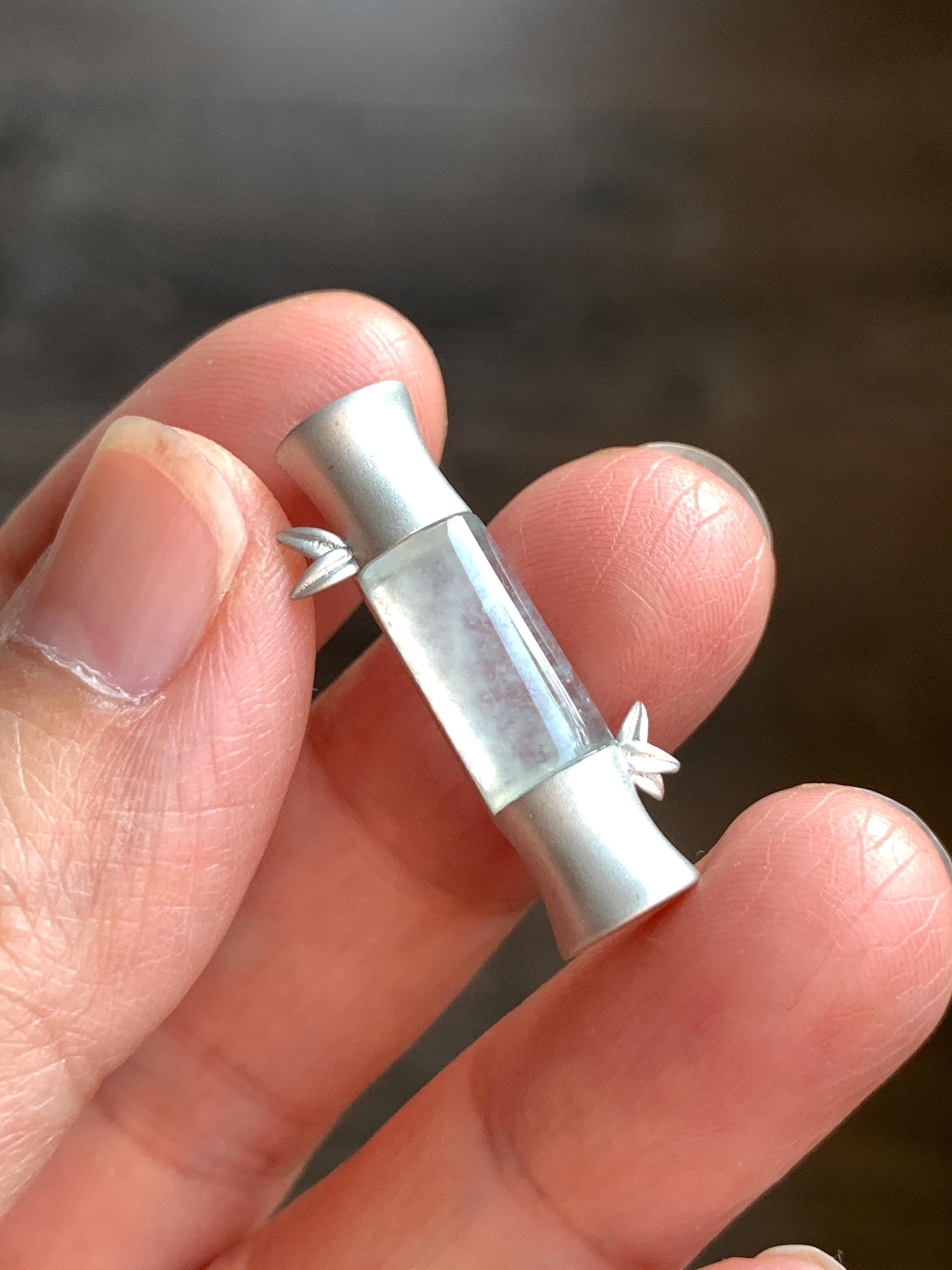 Certified Natural Grade A Icy Highly Translucent Gelatinous White Jadeite Bamboo Stalk Pendant Sterling Silver 4.84g 天然白冰胶翡翠竹节手工镶嵌吊坠 7059