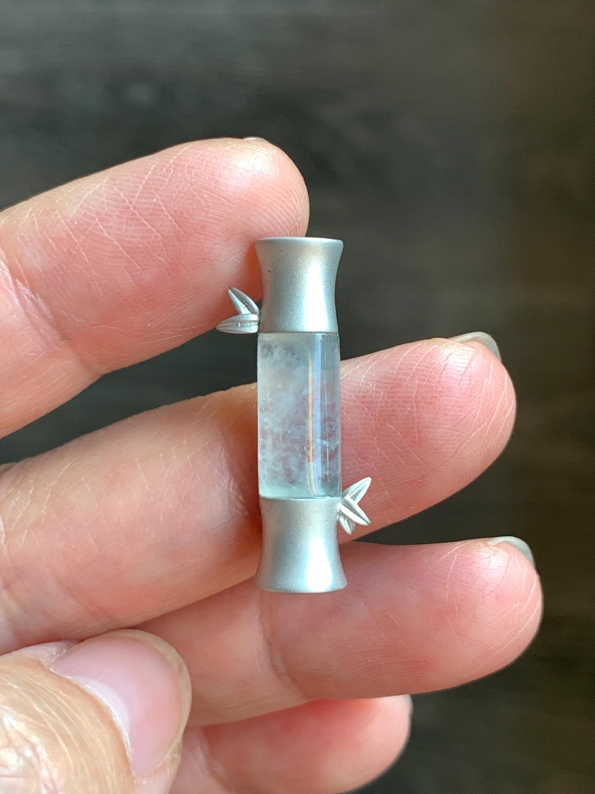 Certified Natural Grade A Icy Highly Translucent Gelatinous White Jadeite Bamboo Stalk Pendant Sterling Silver 4.84g 天然白冰胶翡翠竹节手工镶嵌吊坠 7059