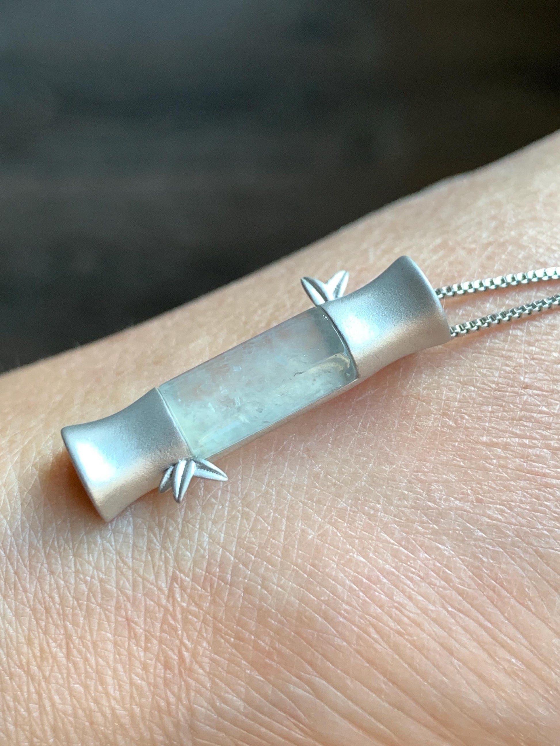 Certified Natural Grade A Icy Highly Translucent Gelatinous White Jadeite Bamboo Stalk Pendant Sterling Silver 4.84g 天然白冰胶翡翠竹节手工镶嵌吊坠 7059