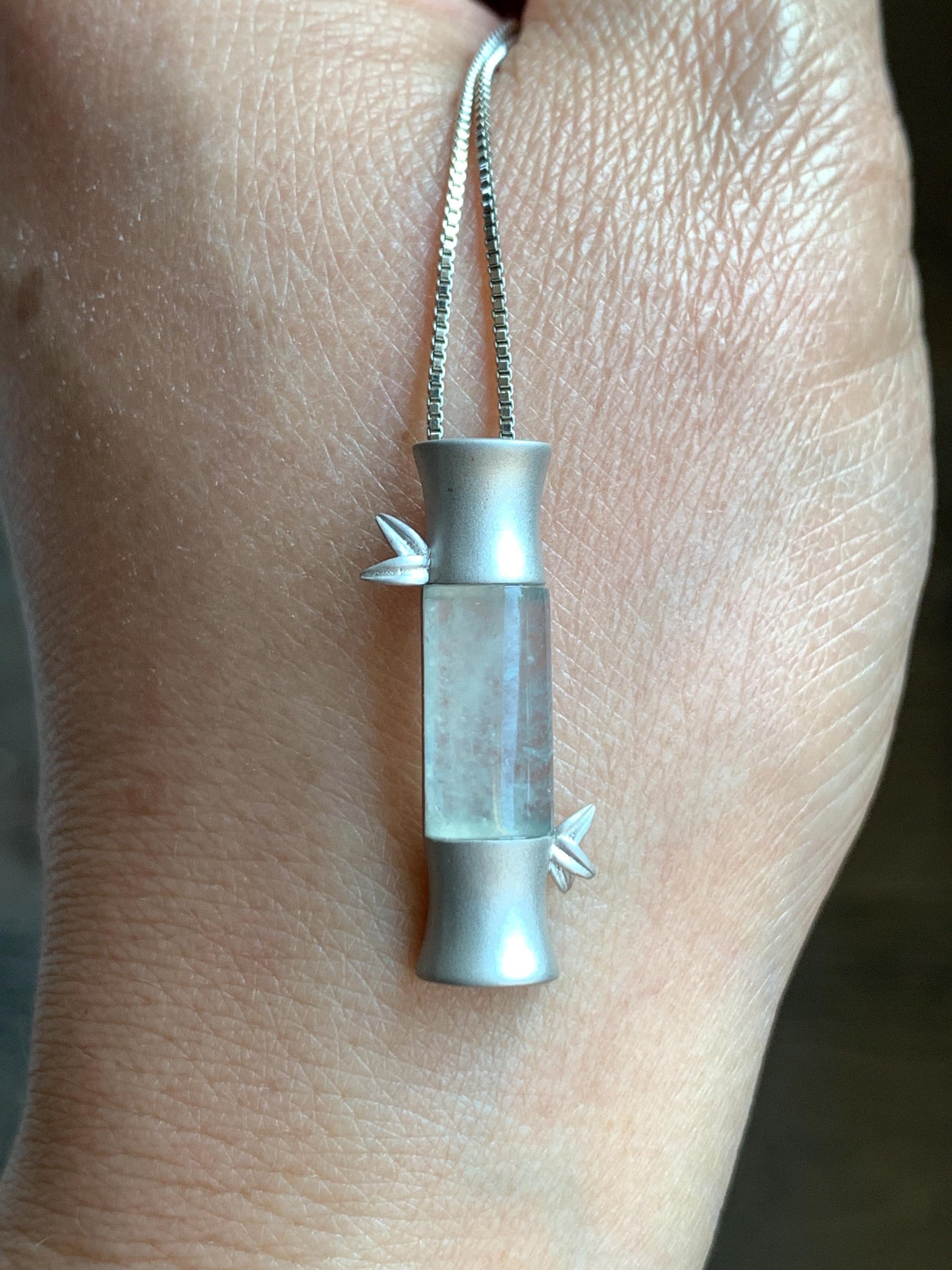 Certified Natural Grade A Icy Highly Translucent Gelatinous White Jadeite Bamboo Stalk Pendant Sterling Silver 4.84g 天然白冰胶翡翠竹节手工镶嵌吊坠 7059