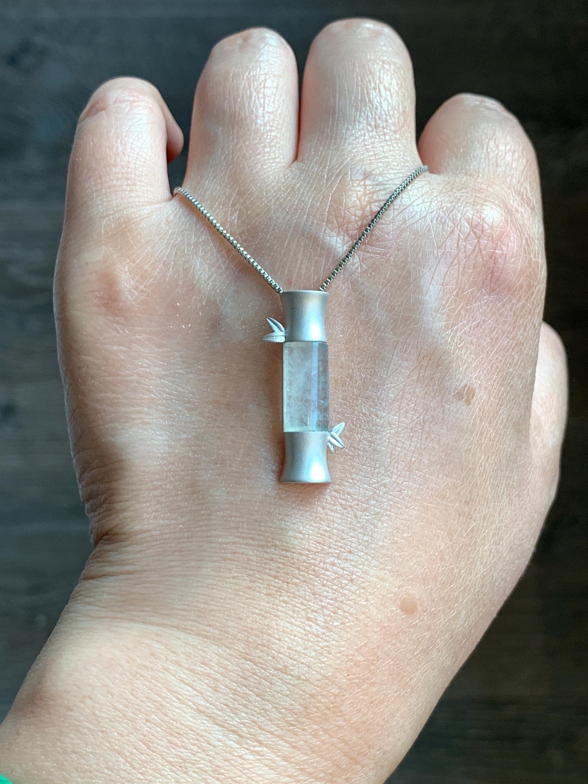 Certified Natural Grade A Icy Highly Translucent Gelatinous White Jadeite Bamboo Stalk Pendant Sterling Silver 4.84g 天然白冰胶翡翠竹节手工镶嵌吊坠 7059