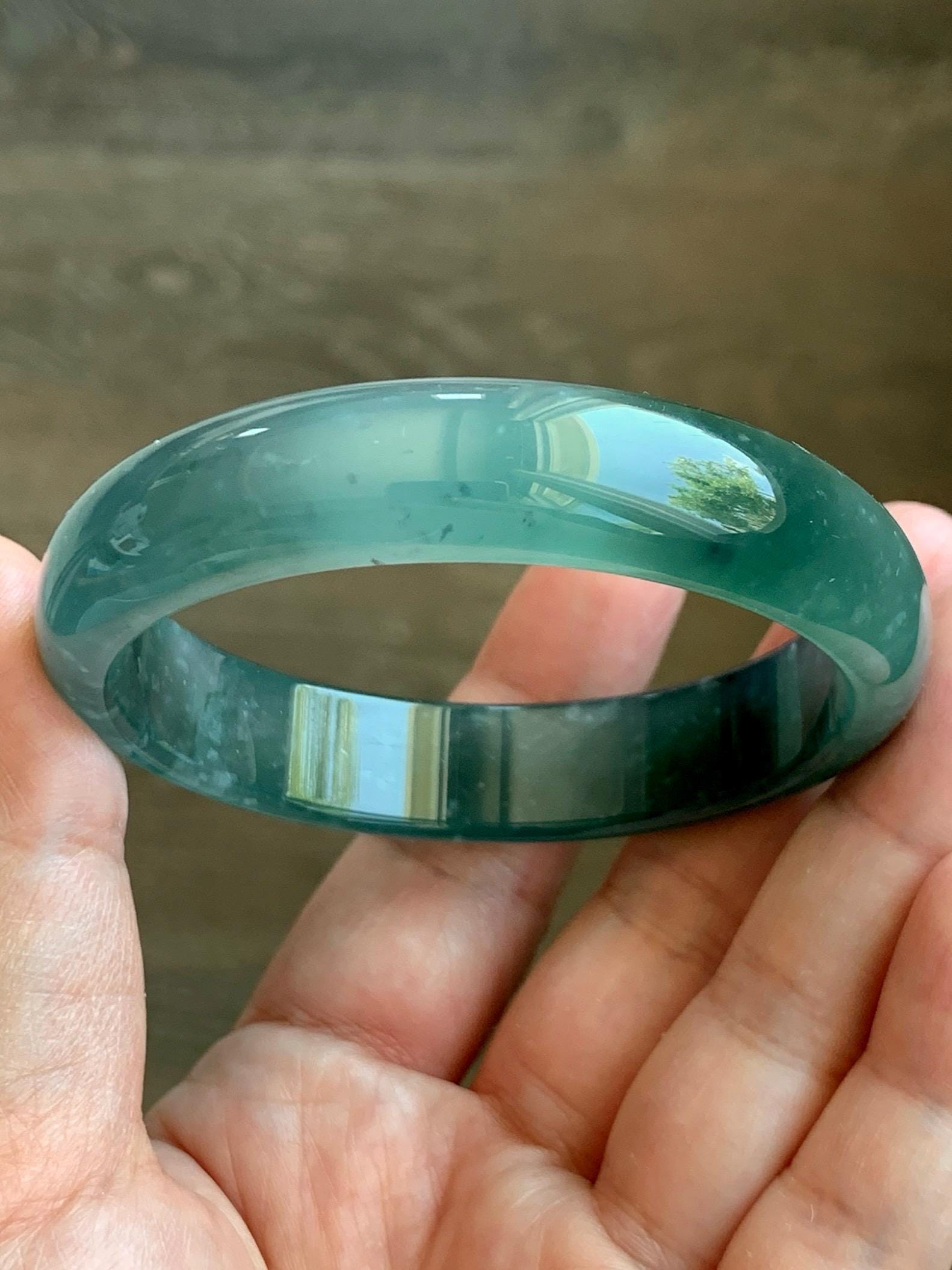 Certified Natural Guatemalan Icy Highly Translucent Deep Teal Green Jade Jadeite Wide Bangle Bracelet 56.6mm 48.7g 7" 天然冰胶危蓝翡翠正圈手镯 9415