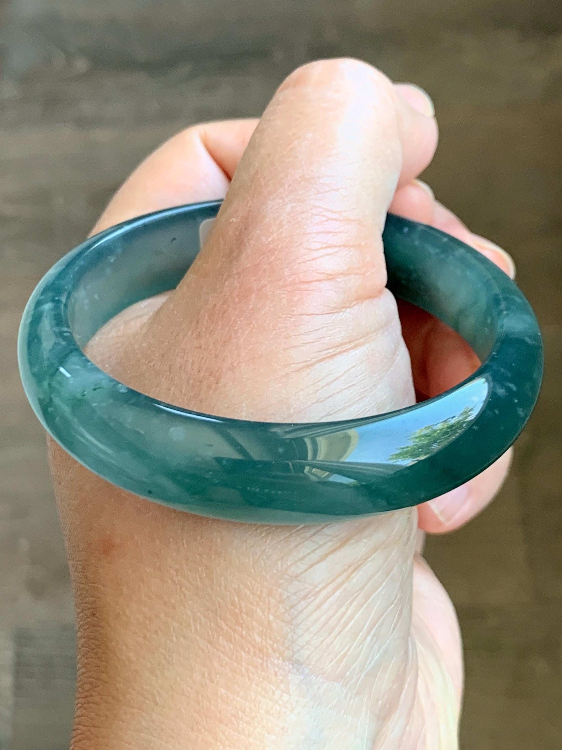 Certified Natural Guatemalan Icy Highly Translucent Deep Teal Green Jade Jadeite Wide Bangle Bracelet 56.6mm 48.7g 7" 天然冰胶危蓝翡翠正圈手镯 9415