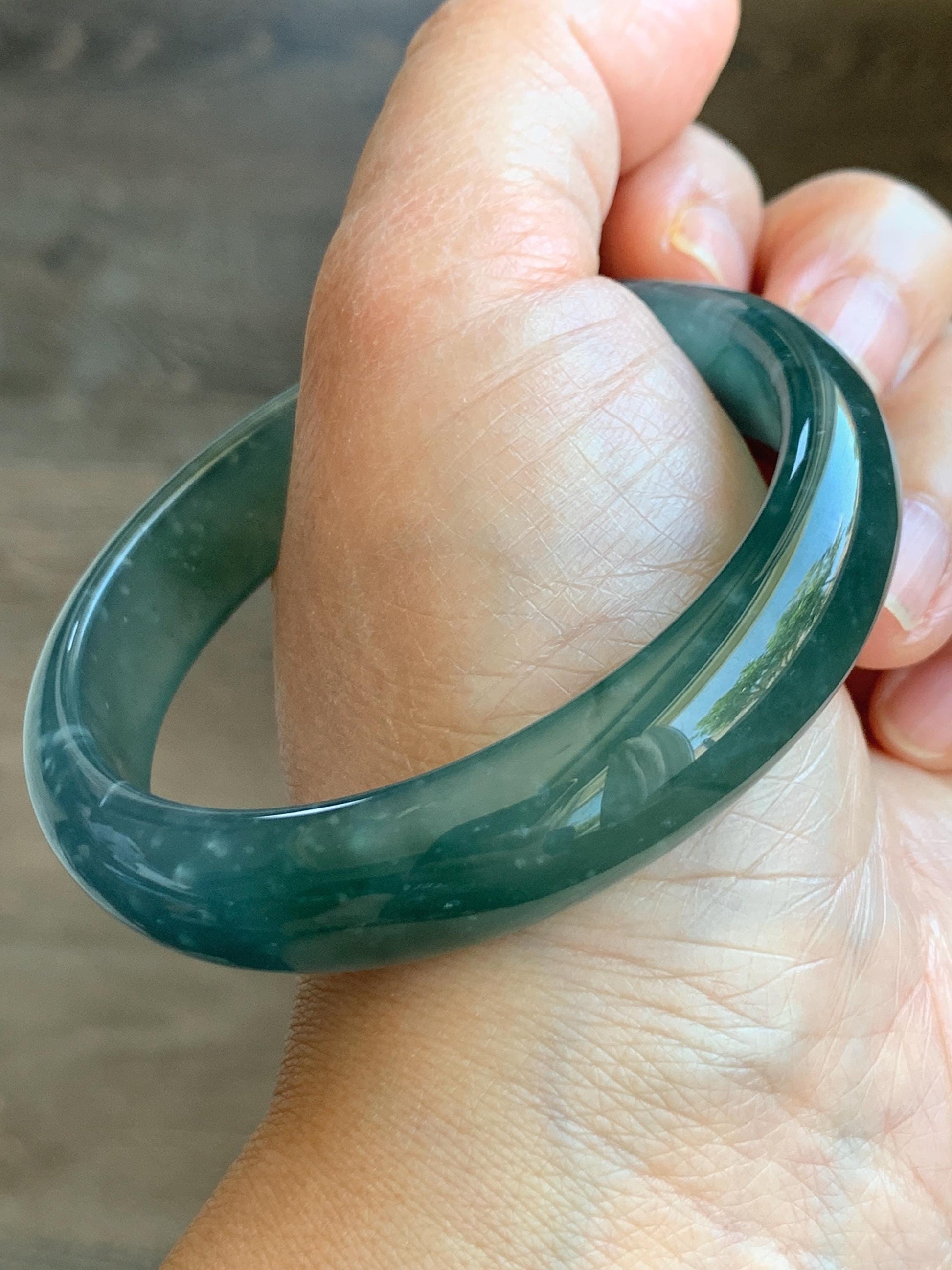Certified Natural Guatemalan Icy Highly Translucent Deep Teal Green Jade Jadeite Wide Bangle Bracelet 56.6mm 48.7g 7" 天然冰胶危蓝翡翠正圈手镯 9415