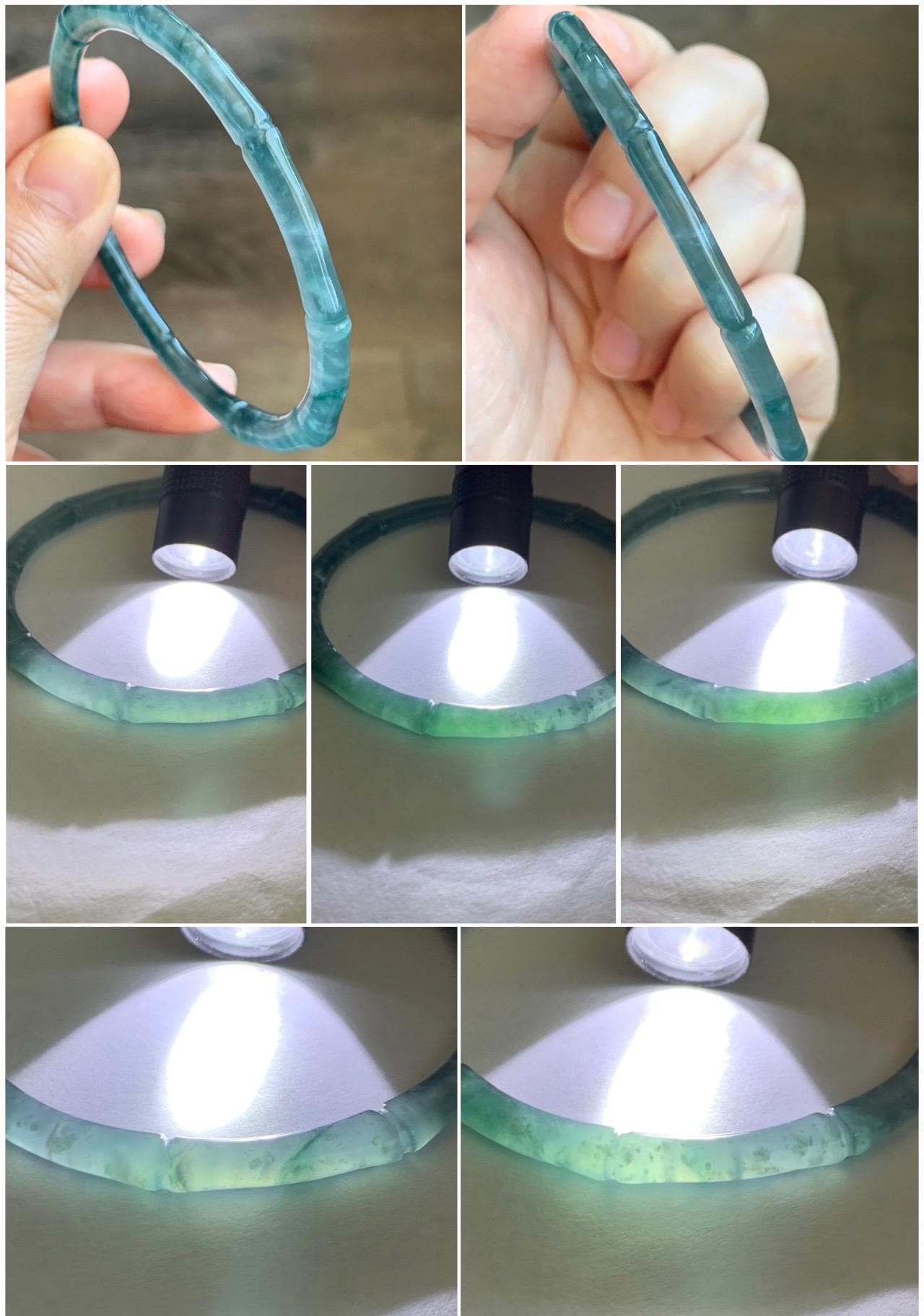 Certified Natural Guatemalan Icy Translucent Gelatinous Teal Blue Jadeite Carved Bamboo Bangle Bracelet 60mm 7.4” 13g 天然冰危篮绿翡翠竹节手镯 9416