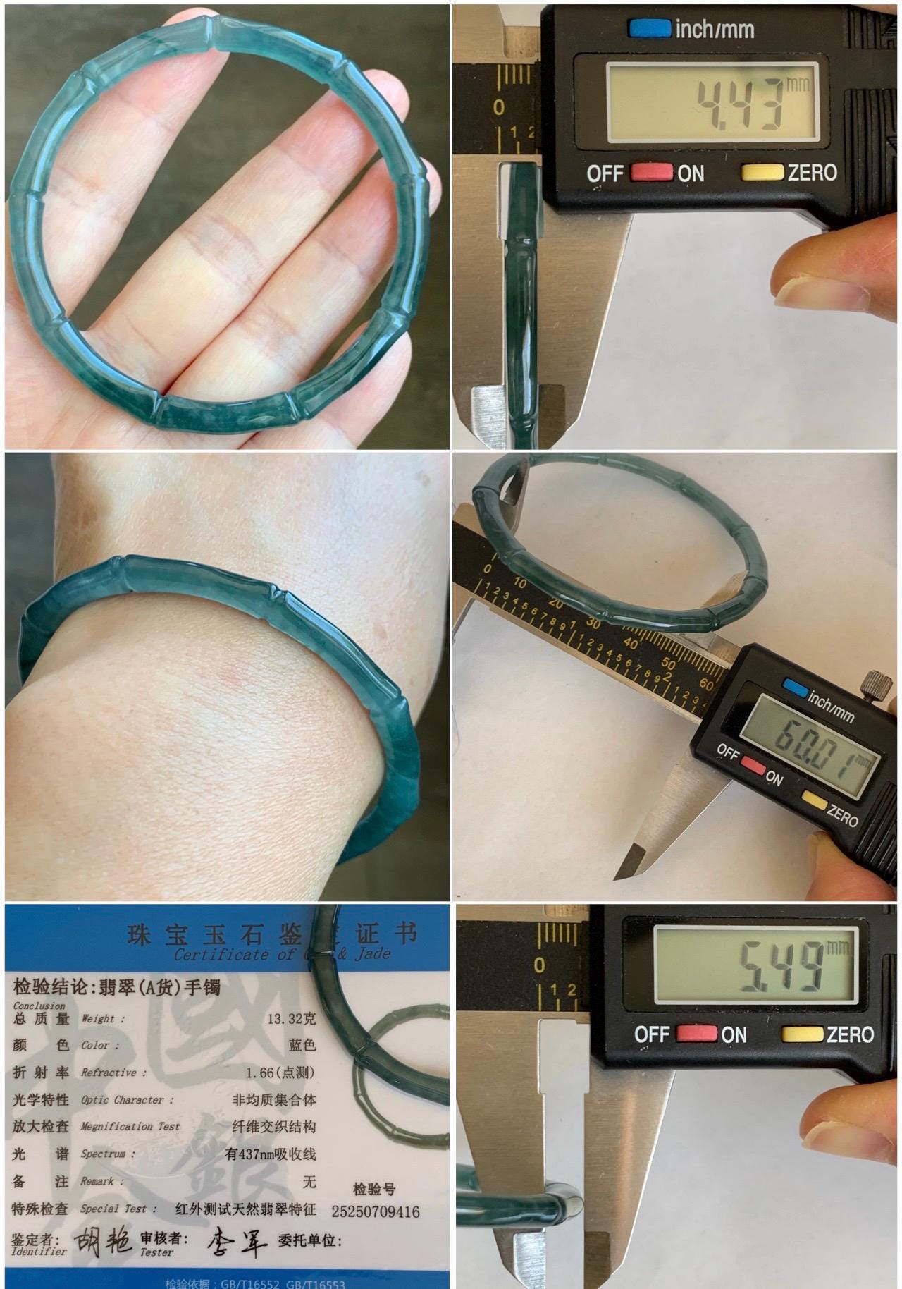 Certified Natural Guatemalan Icy Translucent Gelatinous Teal Blue Jadeite Carved Bamboo Bangle Bracelet 60mm 7.4” 13g 天然冰危篮绿翡翠竹节手镯 9416