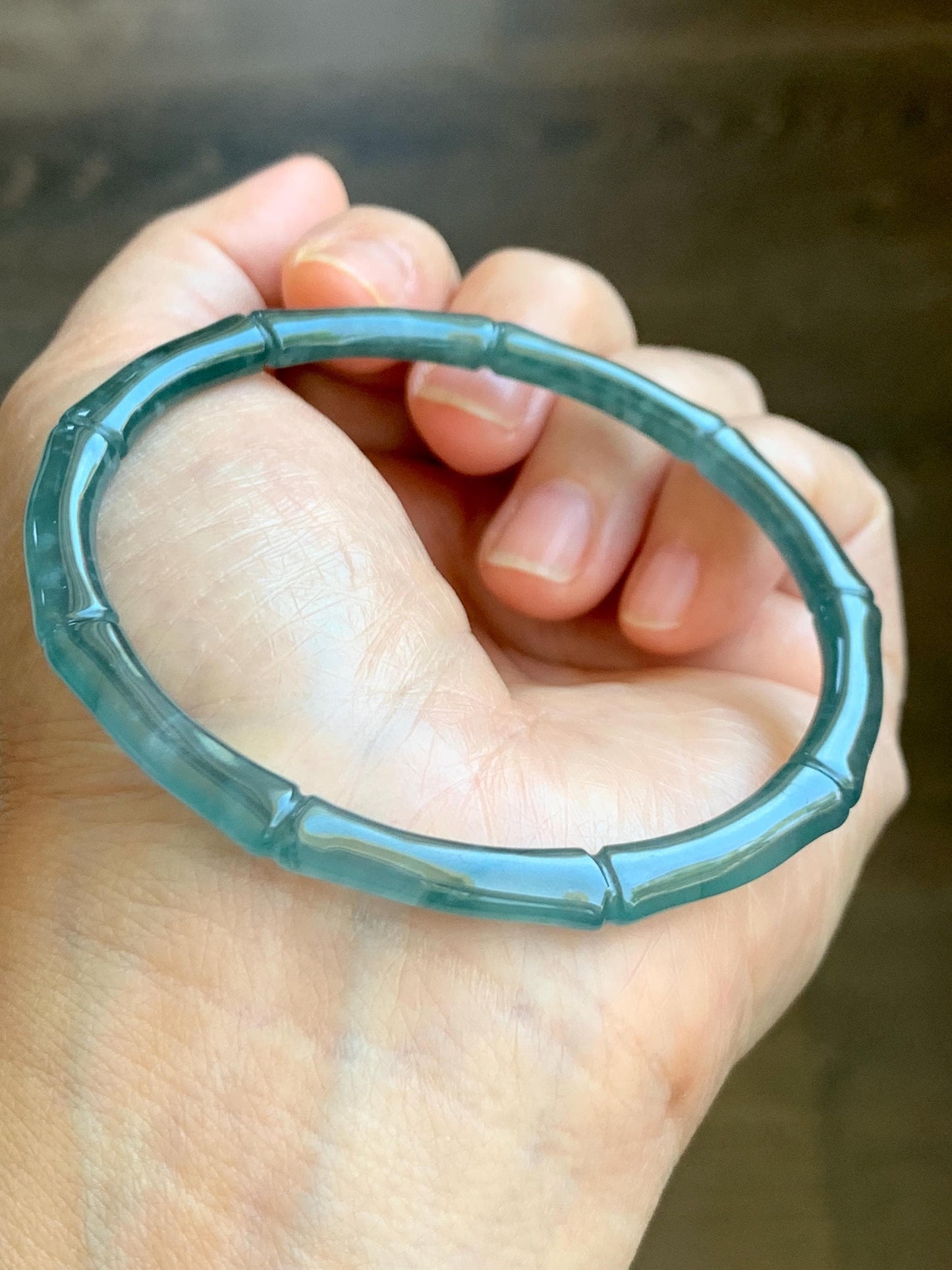 Certified Natural Guatemalan Icy Translucent Gelatinous Teal Blue Jadeite Carved Bamboo Bangle Bracelet 60mm 7.4” 13g 天然冰危篮绿翡翠竹节手镯 9416