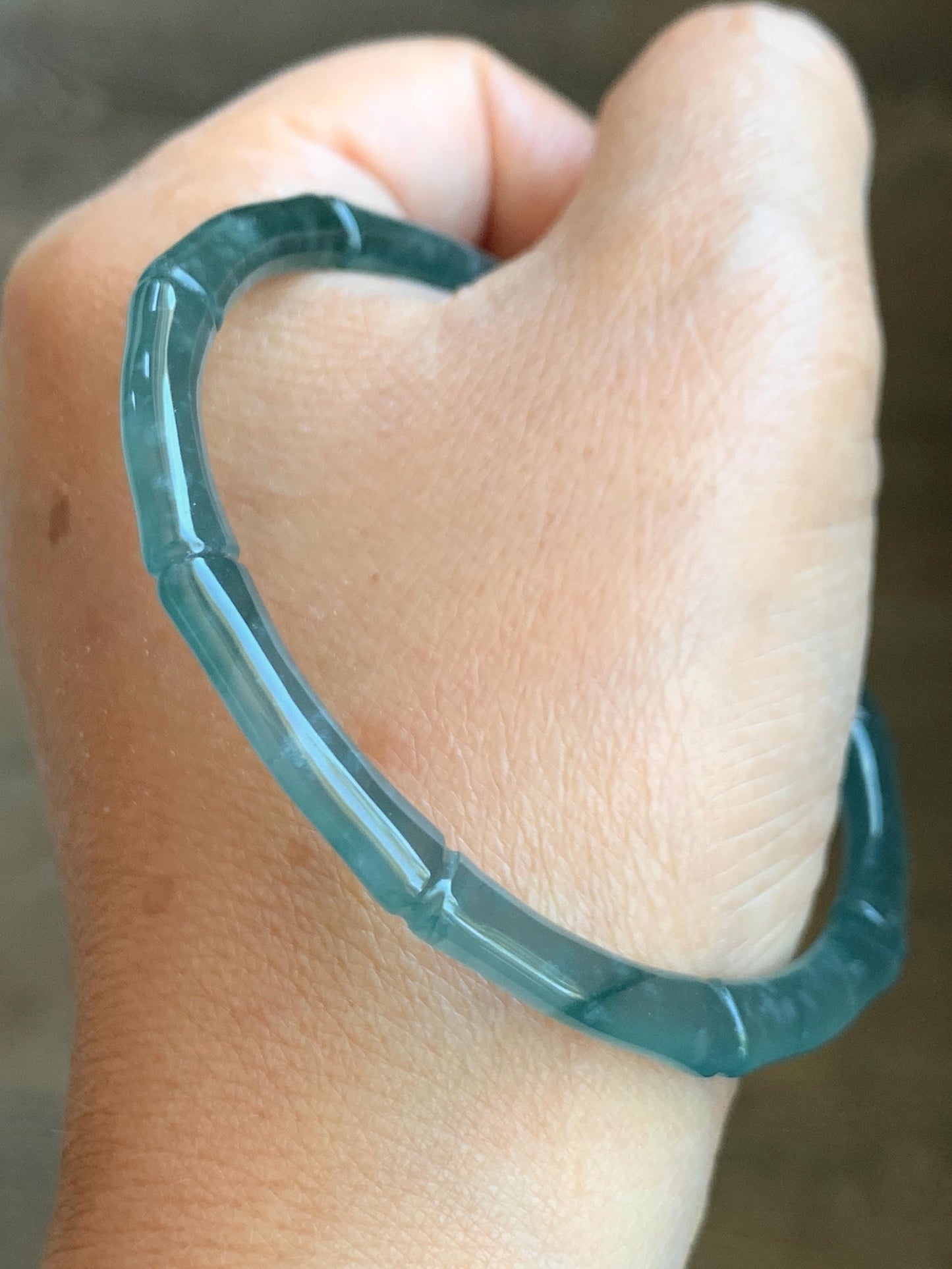 Certified Natural Guatemalan Icy Translucent Gelatinous Teal Blue Jadeite Carved Bamboo Bangle Bracelet 60mm 7.4” 13g 天然冰危篮绿翡翠竹节手镯 9416