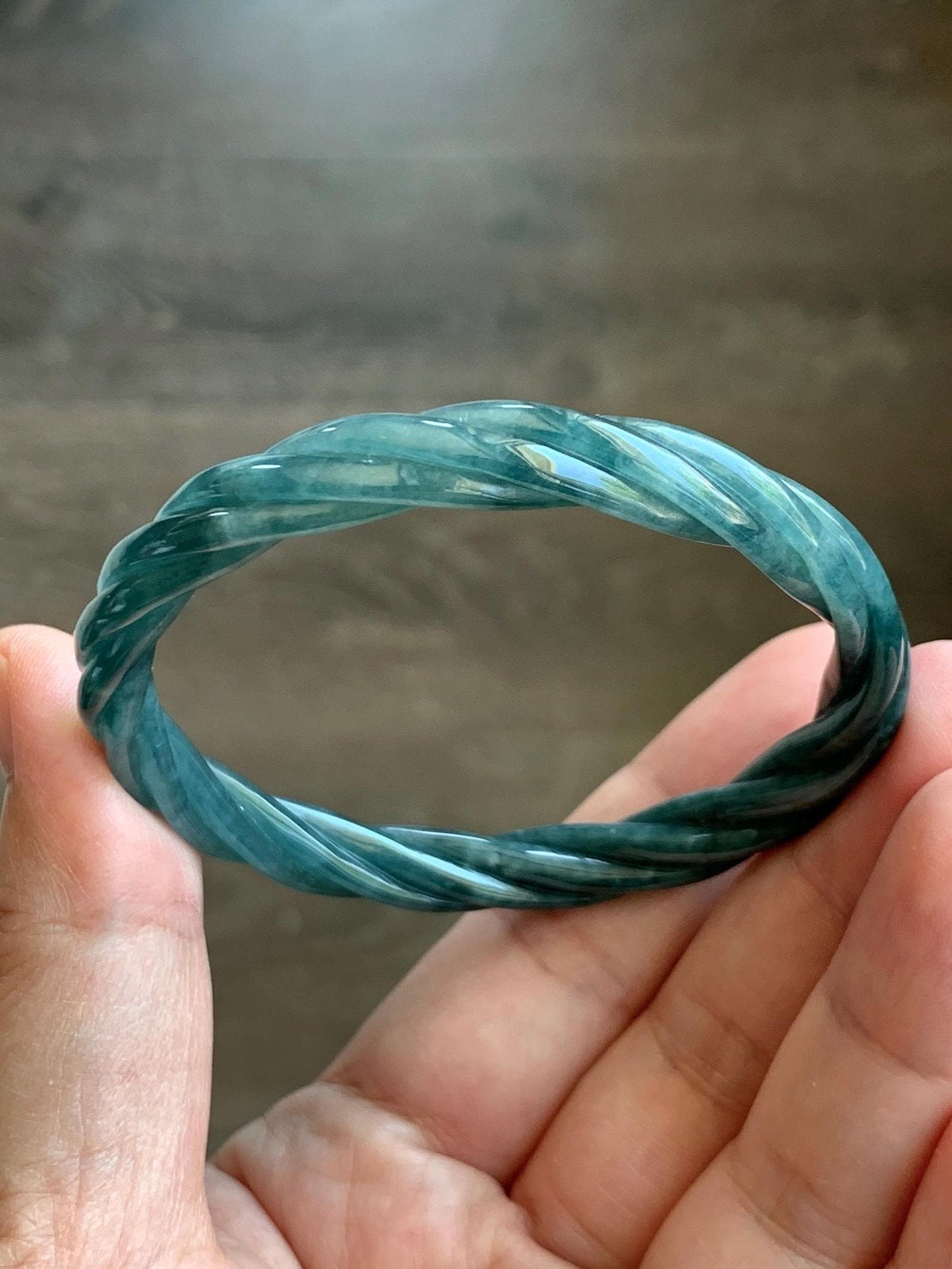 Certified Natural Grade A Guatemalan Icy Translucent Teal Blue Jadeite Carved Braid Bangle Bracelet 52.98mm 6.5” 19.64g 天然冰危蓝翡翠麻花贵妃手镯 9411