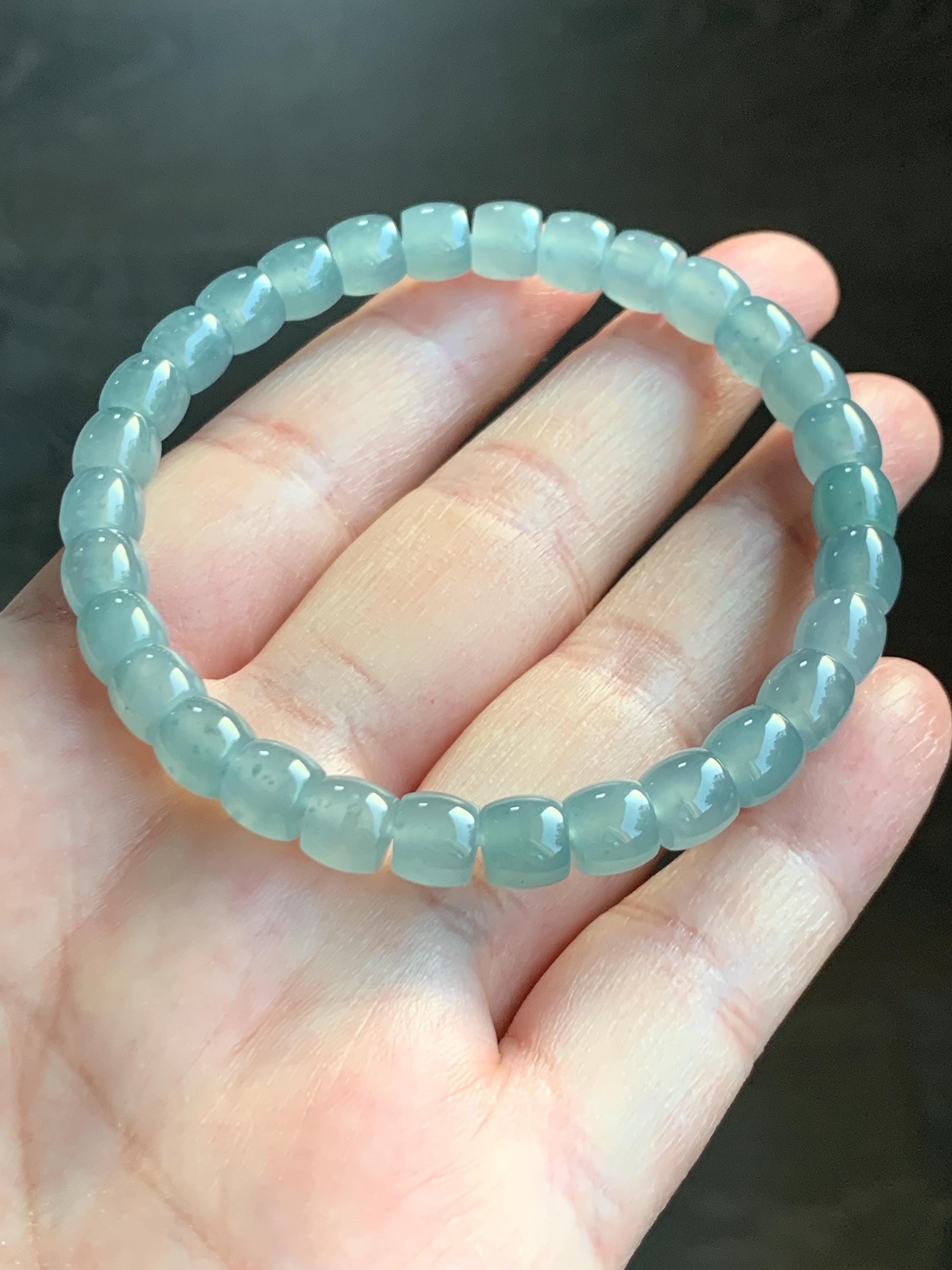 Natural Grade A Guatemalan Icy Highly Translucent Pastel Green Jadeite Barrel Beads Beaded Bracelet 7.25” 19g 天然冰胶危淡晴绿翡翠桶珠手串 DLUW220