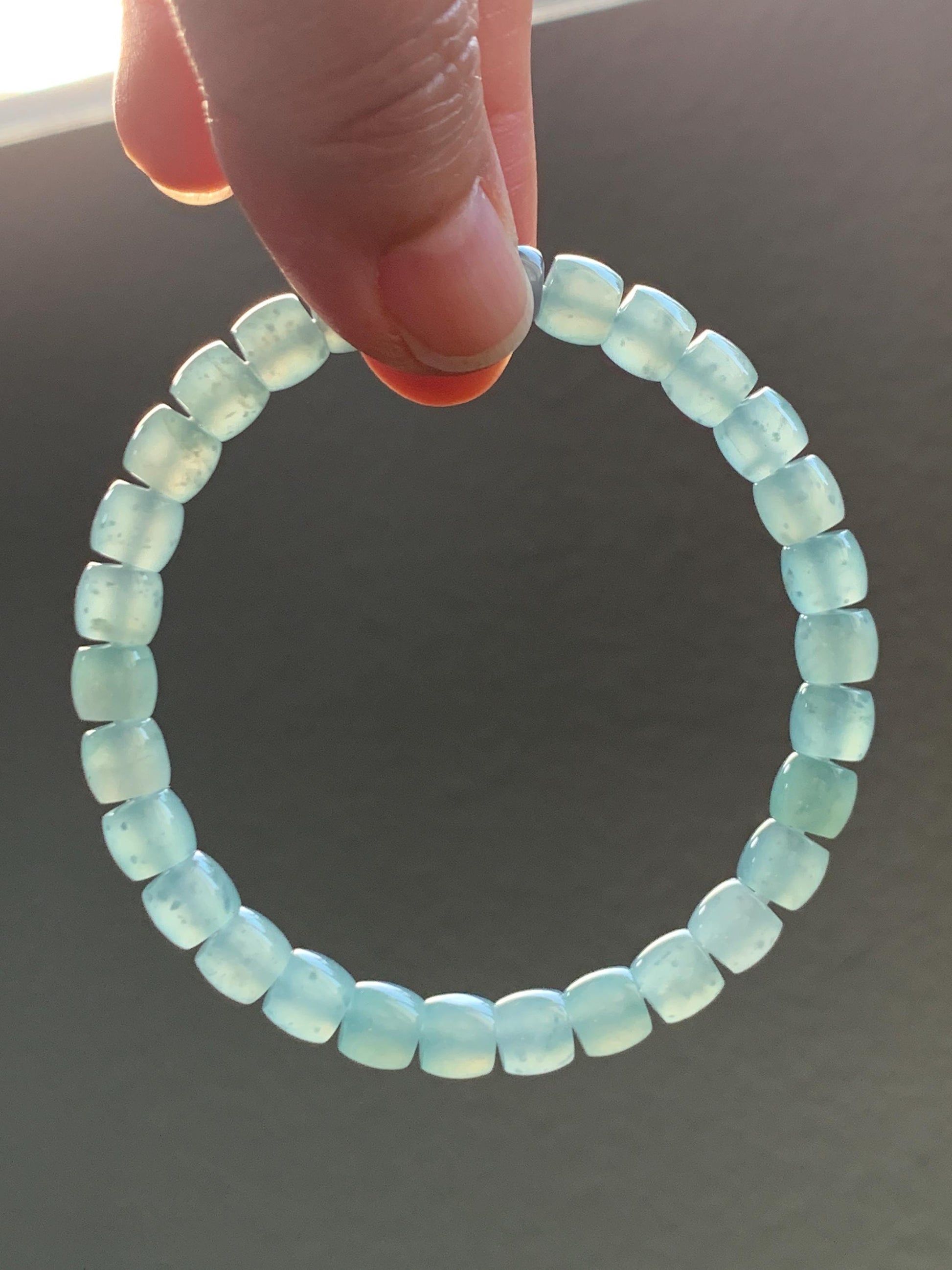Natural Grade A Guatemalan Icy Highly Translucent Pastel Green Jadeite Barrel Beads Beaded Bracelet 7.25” 19g 天然冰胶危淡晴绿翡翠桶珠手串 DLUW220