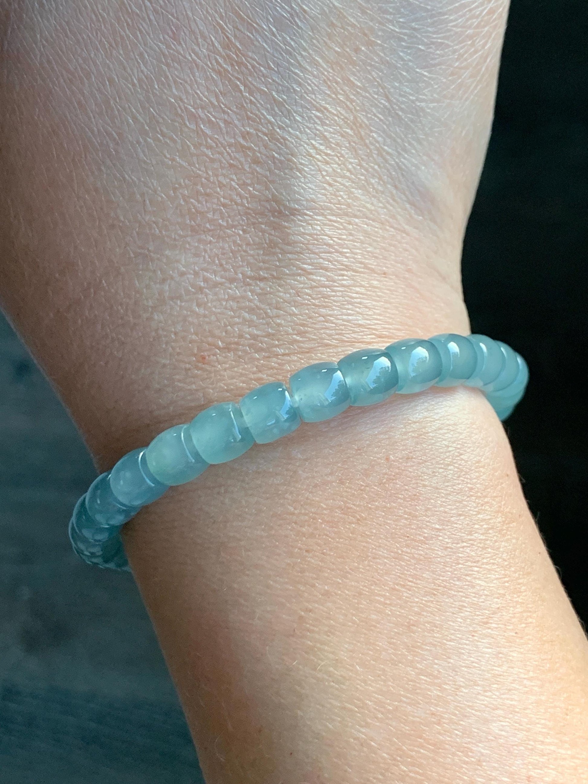 Natural Grade A Guatemalan Icy Highly Translucent Pastel Green Jadeite Barrel Beads Beaded Bracelet 7.25” 19g 天然冰胶危淡晴绿翡翠桶珠手串 DLUW220