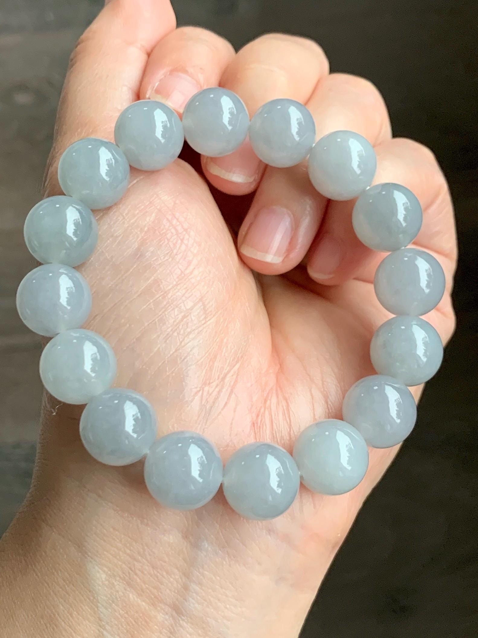 Natural Grade A Icy Highly Translucent Gelatinous Wuji Jade Jadeite Large Beads Beaded Bracelet 12.8mm 7.5" 57g 天然大卡冰胶白乌鸡翡翠手串 BJMW350