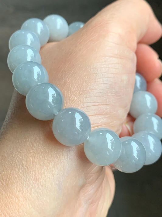 Natural Grade A Icy Highly Translucent Gelatinous Wuji Jade Jadeite Large Beads Beaded Bracelet 12.8mm 7.5" 57g 天然大卡冰胶白乌鸡翡翠手串 BJMW350