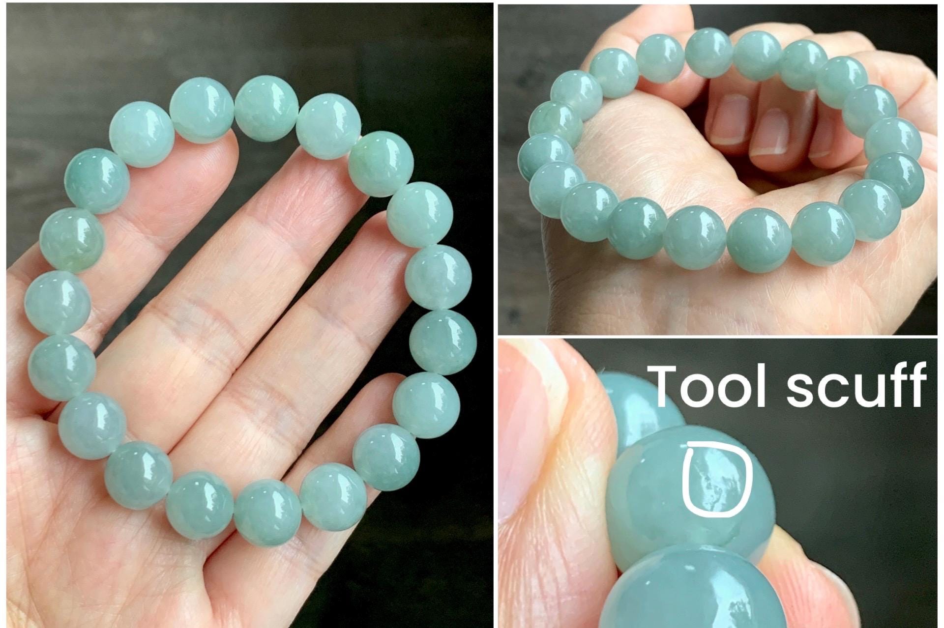 Natural Grade A Icy Translucent Gelatinous Dusty Teal Blue Green Jade Jadeite Beaded Bracelet 10.5mm 7.25" 38g 天然冰胶淡晴色翡翠手串 MLL330