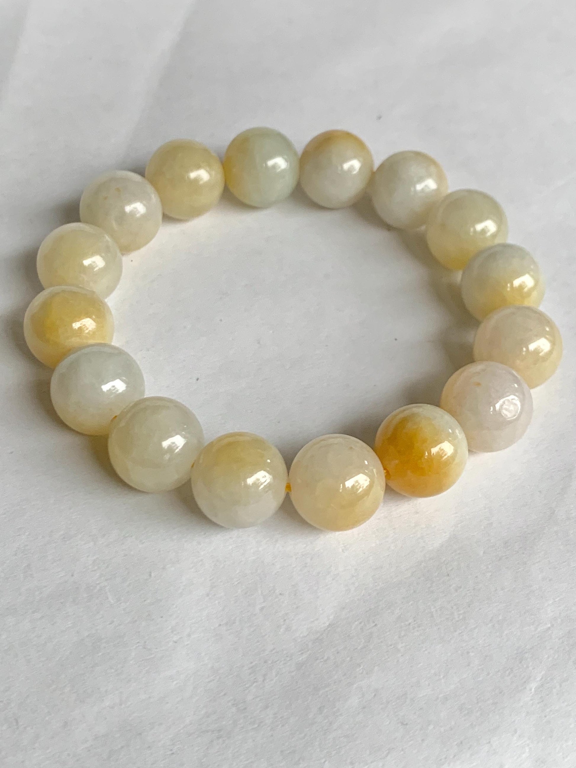 Natural Grade A Icy Translucent White & Bright Yellow Marbled Jade Jadeite Large Beads Beaded Bracelet 12.4mm 7.25" 54g 天然冰飘黄翡翠大卡圆珠手串 MPH330
