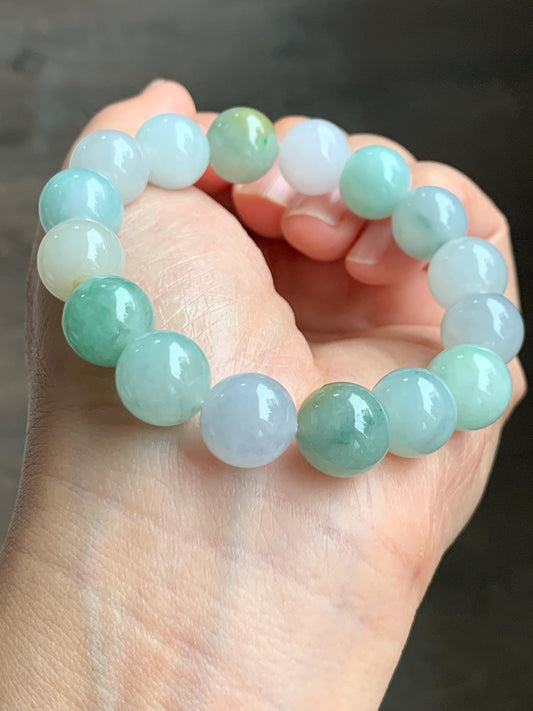 Natural Grade A Icy Translucent Gelatinous Multicolored Jade Jadeite Large Beads Beaded Bracelet 11.8mm 6.75" 47g 天然冰胶多宝翡翠大卡圆珠手串 DMB220