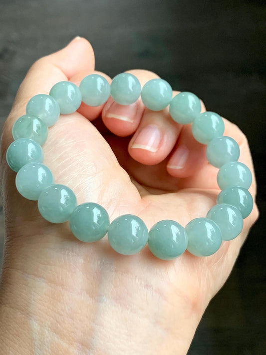 Natural Grade A Icy Translucent Gelatinous Dusty Teal Blue Green Jade Jadeite Beaded Bracelet 10.5mm 7.25" 38g 天然冰胶淡晴色翡翠手串 MLL330