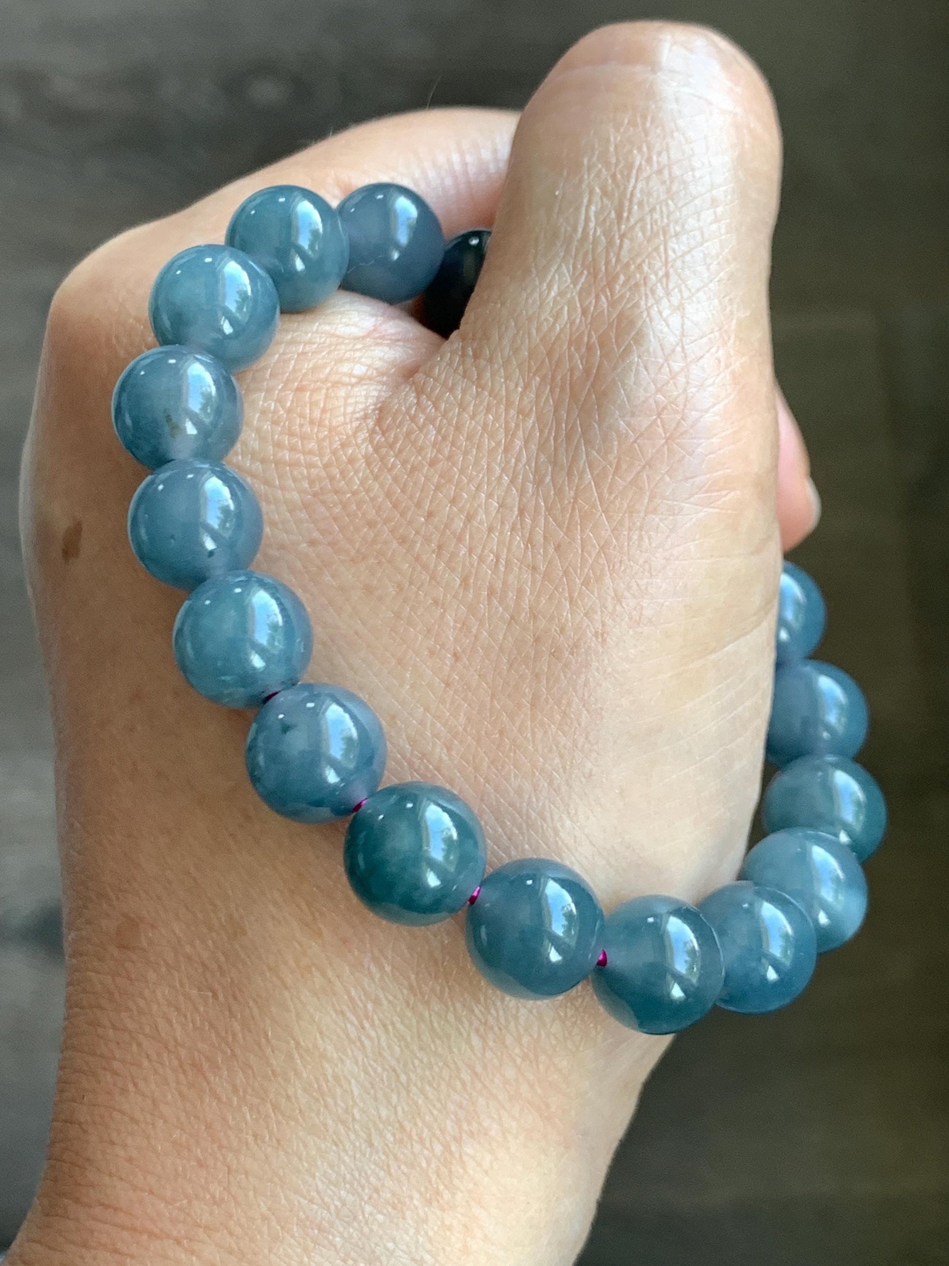 Natural Guatemalan Icy Translucent Gelatinous Dark Dusty Blue Jade Jadeite Beaded Bracelet Stretchy 6.75” 9.6mm 30g 天然冰胶危深烟灰紫翡翠圆珠手串 WLZ330