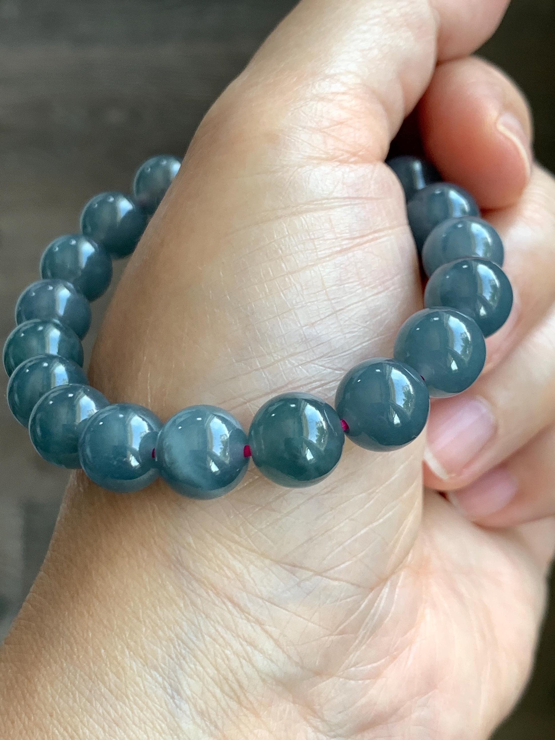 Natural Guatemalan Icy Translucent Gelatinous Dark Dusty Blue Jade Jadeite Beaded Bracelet Stretchy 6.75” 9.6mm 30g 天然冰胶危深烟灰紫翡翠圆珠手串 WLZ330