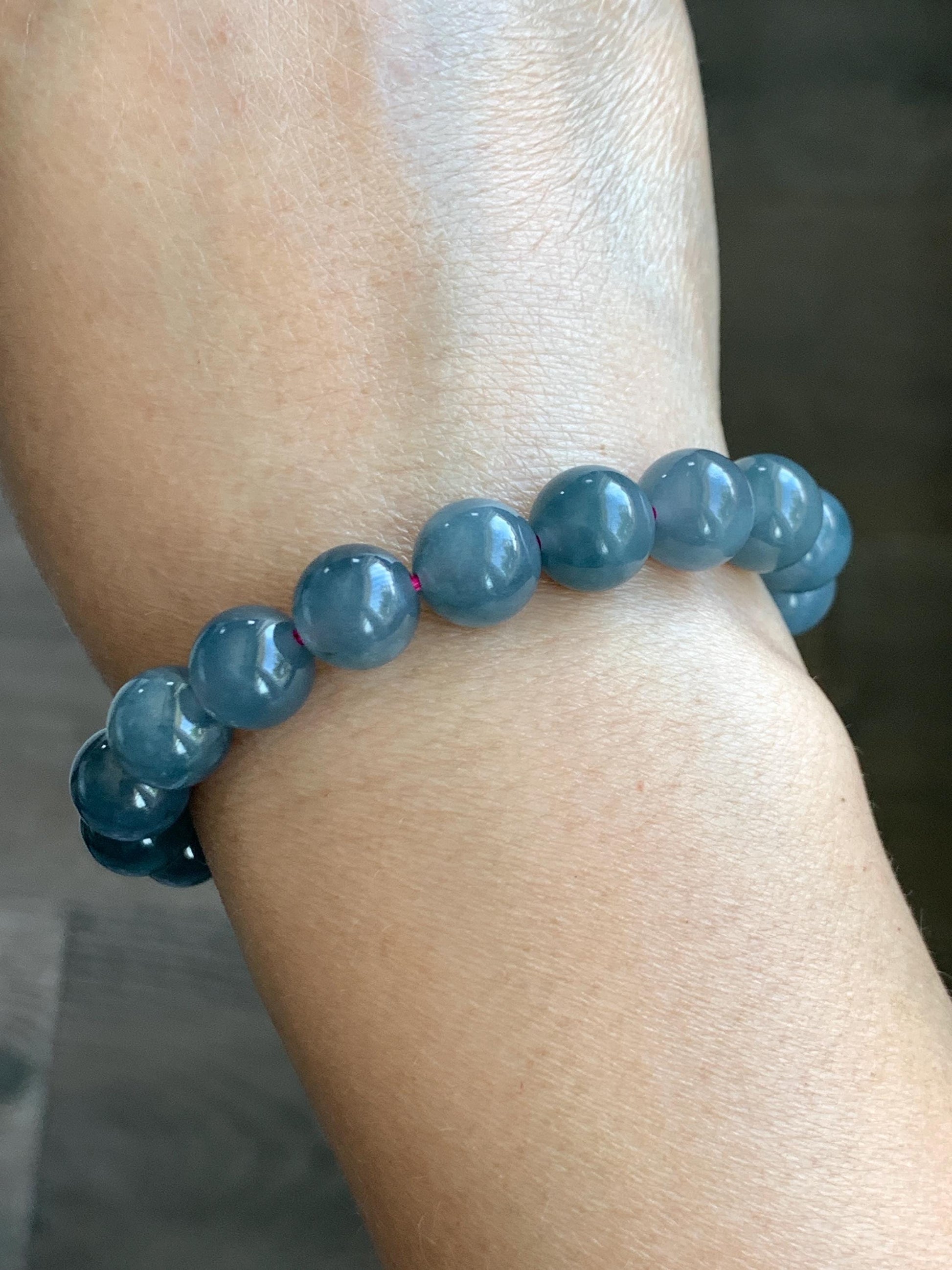 Natural Guatemalan Icy Translucent Gelatinous Dark Dusty Blue Jade Jadeite Beaded Bracelet Stretchy 6.75” 9.6mm 30g 天然冰胶危深烟灰紫翡翠圆珠手串 WLZ330